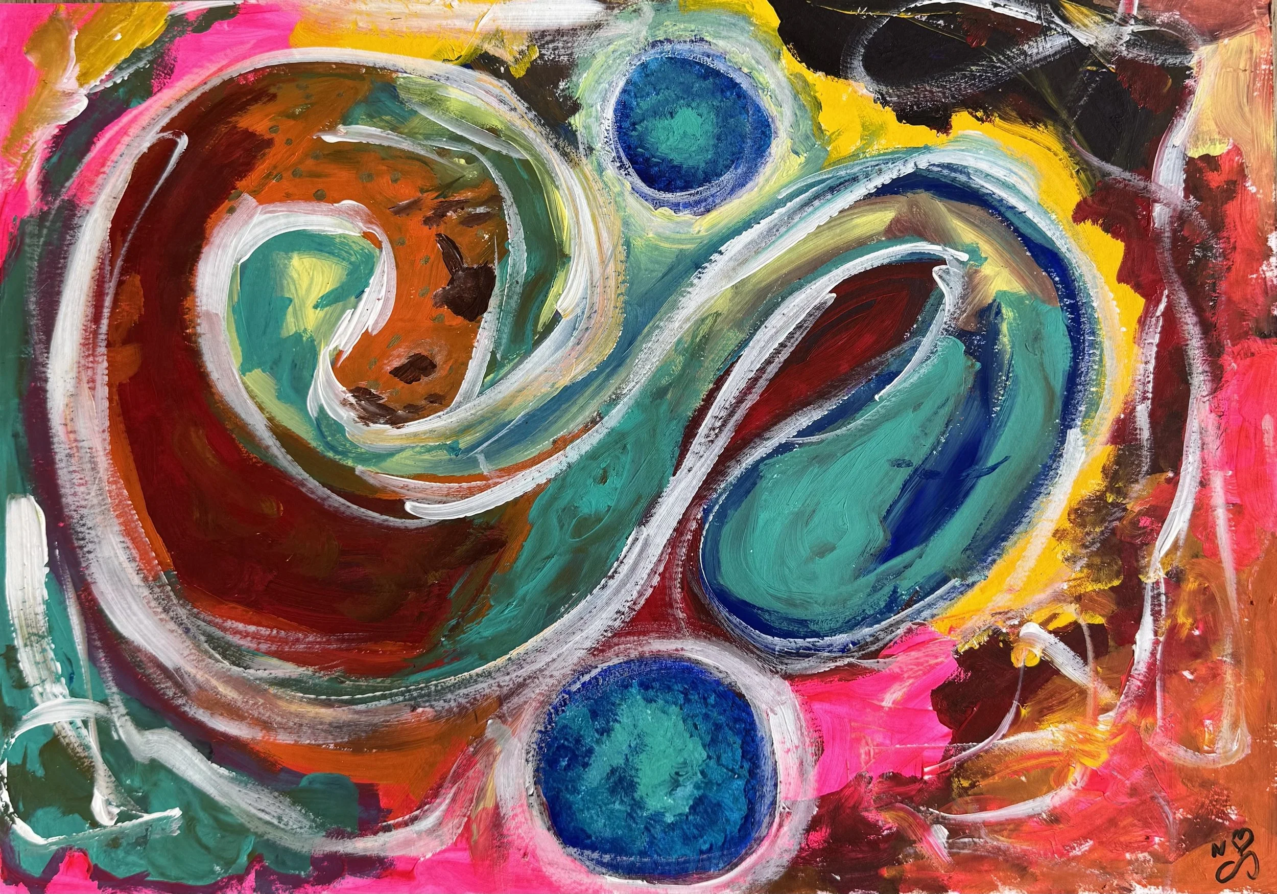 Orbiting Consciousness, an original abstract painting by Nathaly Ellen Celia, featuring two large turquoise and burgundy forms linked by sweeping white lines, with two blue circular forms amid vivid pink, yellow and deep burgundy.