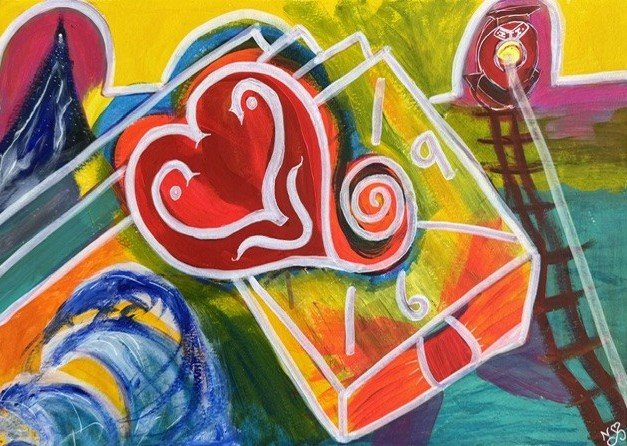 Pandora, an original symbolic painting by Nathaly Ellen Celia, depicting a message of love travelling across mountains and oceans beneath the moon and stars.