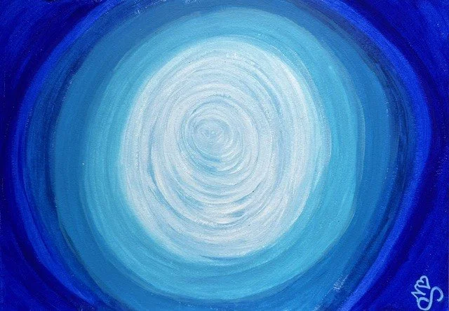 The Escape Route, an original abstract painting by Nathaly Ellen Celia, featuring concentric blue and white circular brushstrokes spiraling towards a luminous centre, suggesting a heavenly vortex between vortex dimensions.
