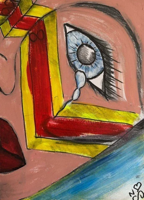 Masking the Tears, an original figurative abstract painting by Nathaly Ellen Celia, depicting a close-up face with a large blue eye and falling tears, crossed by bold red and yellow bands that fail to conceal the emotion.