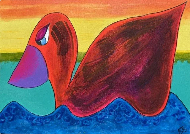 Black Swan, an original pop art painting by Nathaly Ellen Celia, showing an intense swan with deep red-black feathers and a purple beak moving quickly through vivid blue water beneath a yellow-orange sky.