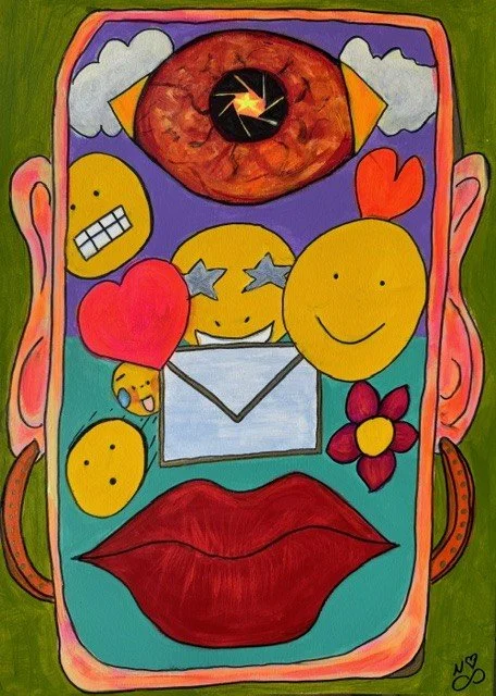 The New Eye Phone, an original Pop Art painting by Nathaly Ellen Celia, depicting a smartphone as a living face with a lens-like eye, red lips, emojis, an envelope, a heart and a flower, suggesting an emotional world hidden inside the device.