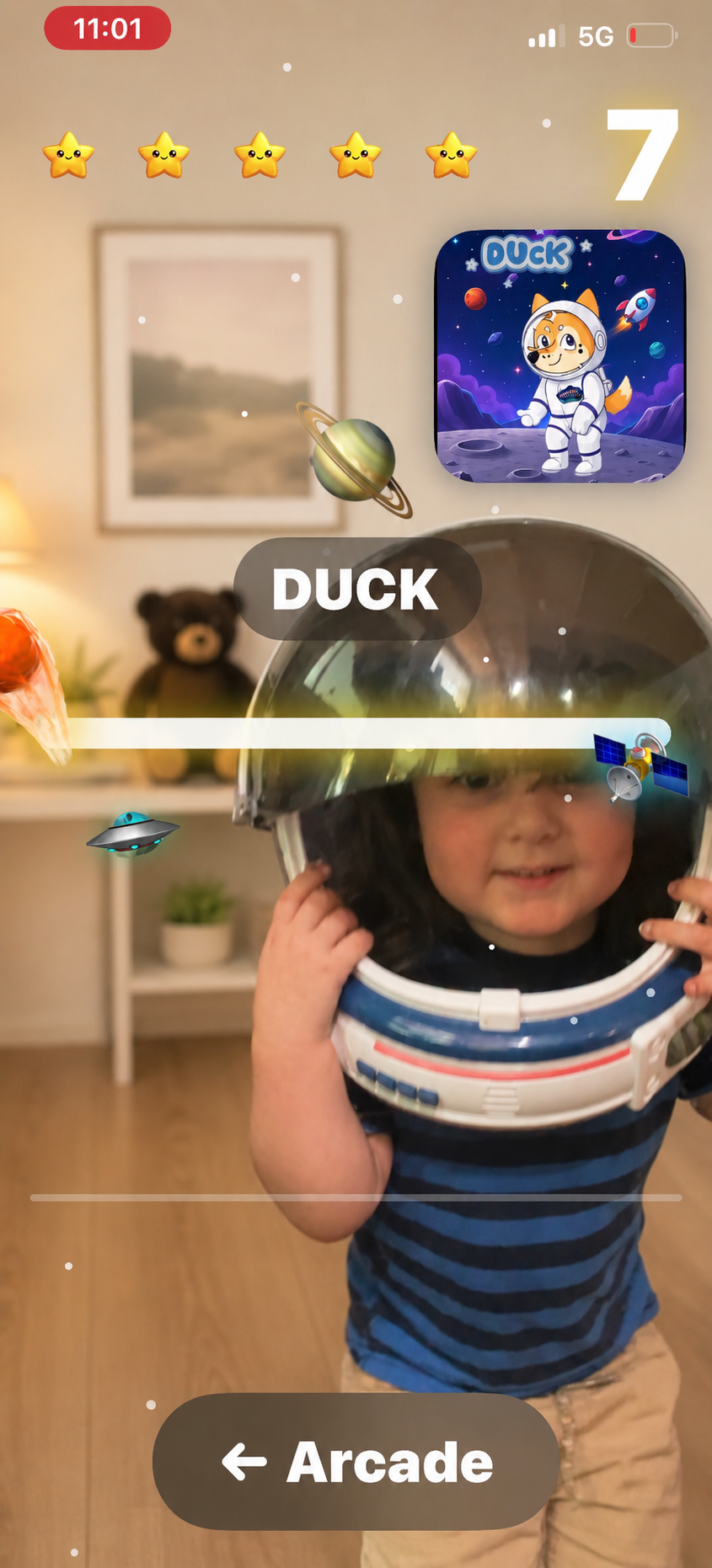 Child playing LearnNova Kids interactive movement-based space learning game on iphone