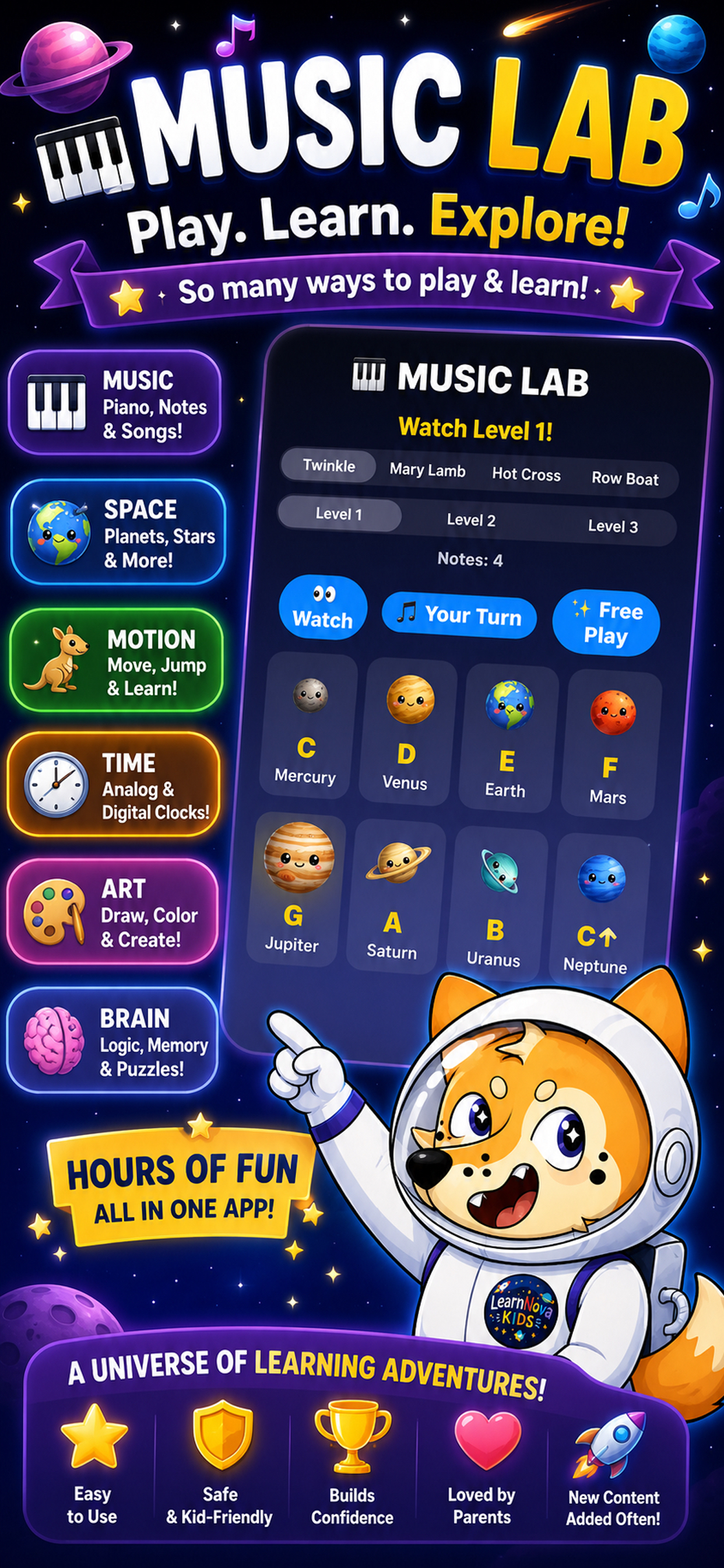 LearnNova Kids piano practice featuring 4 songs to learn or freeplay