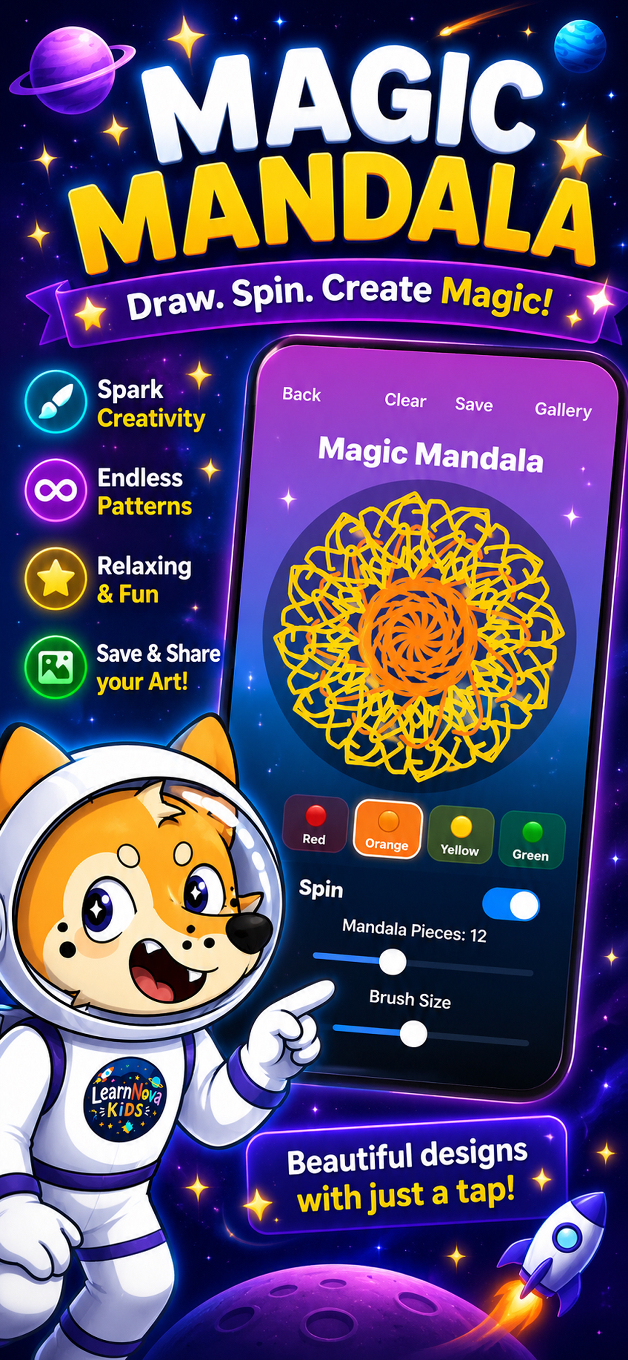 LearnNova Kids calming magic mandala drawing app where images can be saved to a gallery