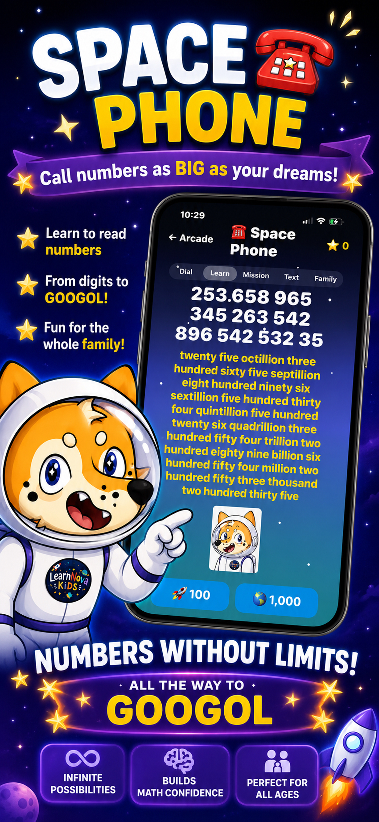 LearnNova Kids big numbers app created for hyperlexia and giant number loving kids