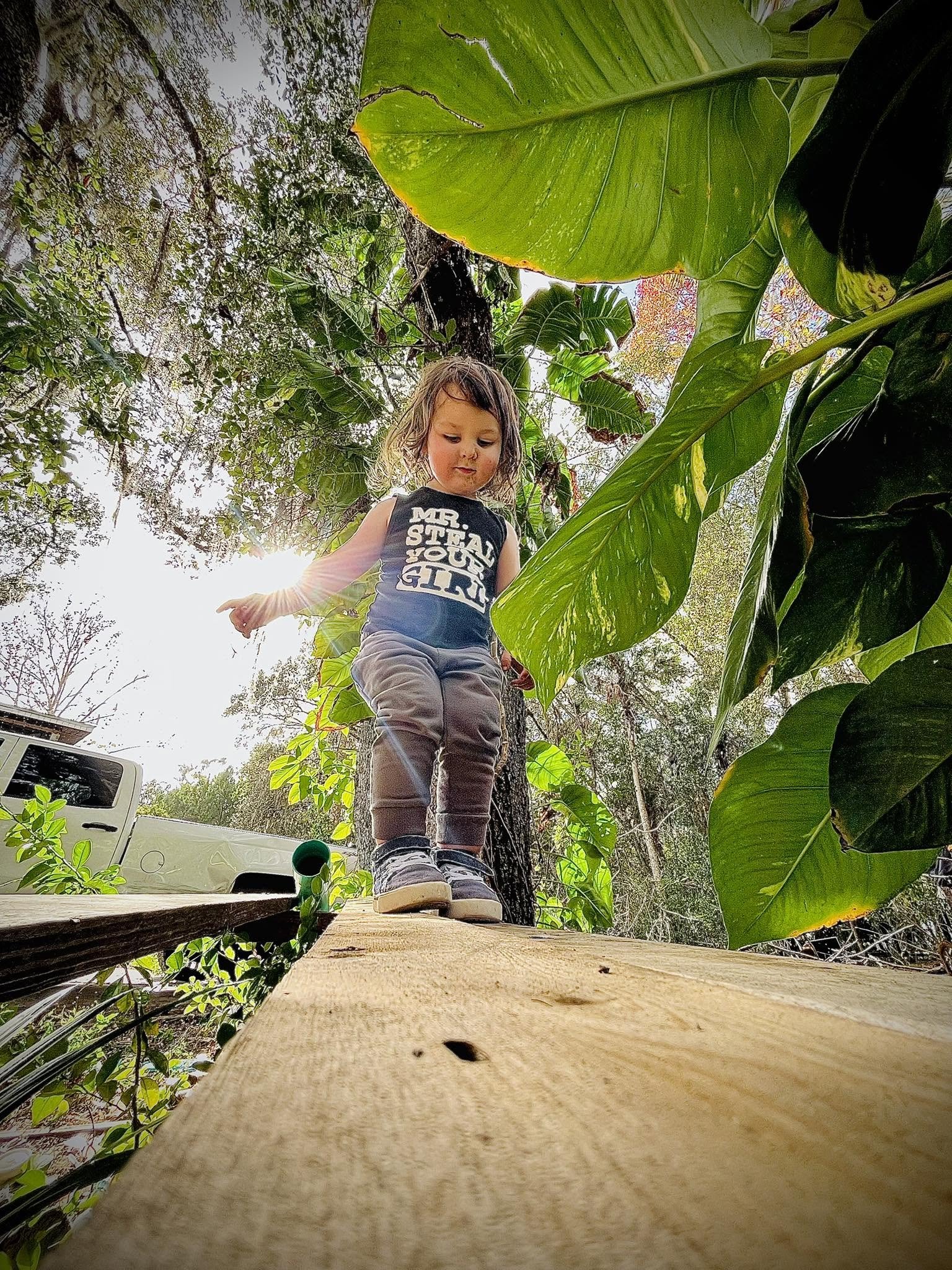 Child standing on a wooden plank outdoors surrounded by large green leaves and trees, with sunlight shining through.
