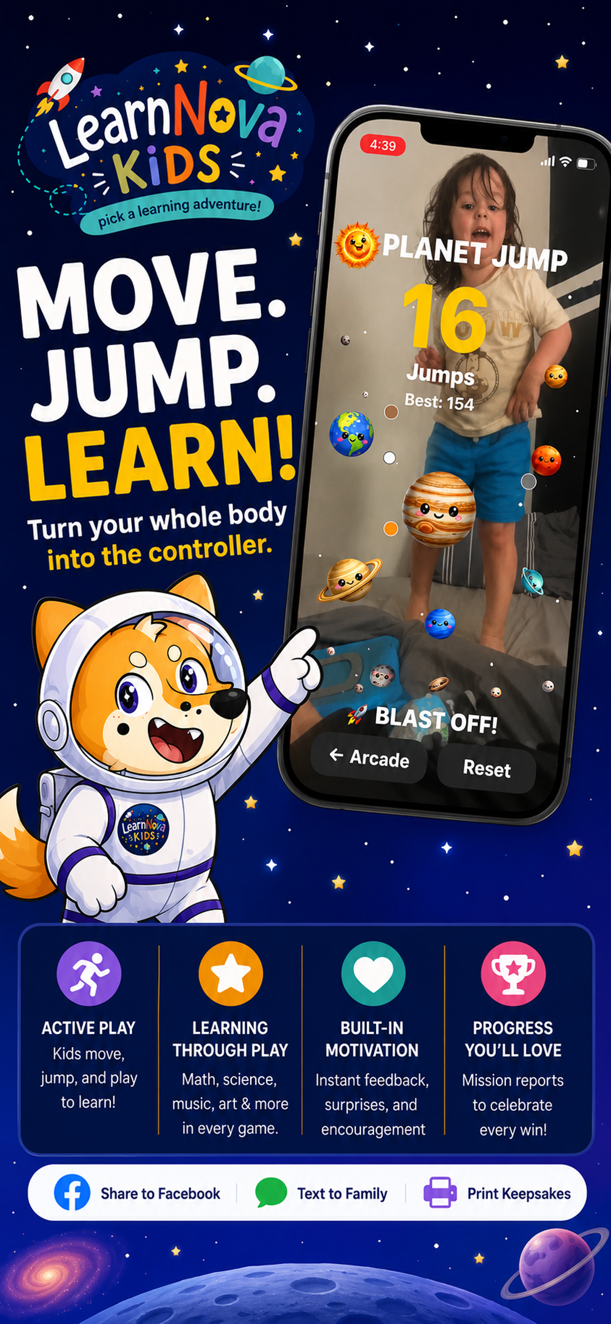 LearnNova Kids active learning app with movement, planets, and progress tracking