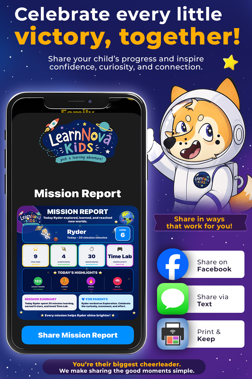 LearnNova Kids parent progress report with shareable learning milestones to facebook sms or to print as a keepsake