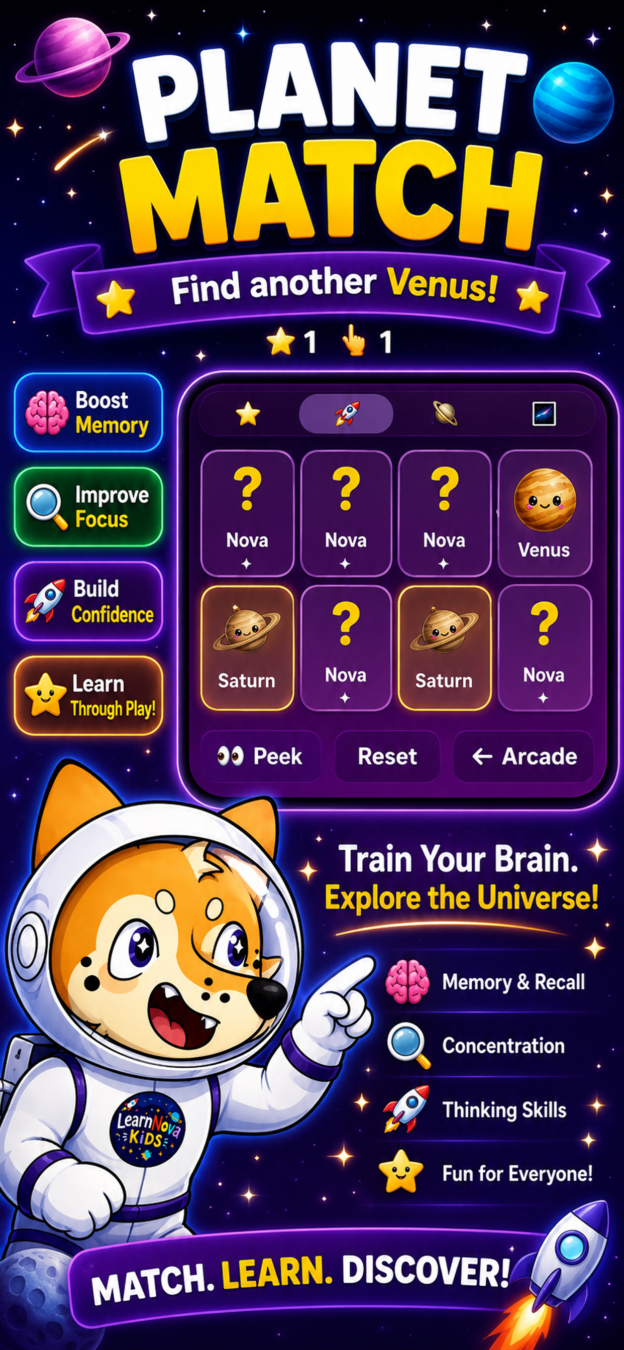 LearnNova Kids planet matching game to drag each planet in order