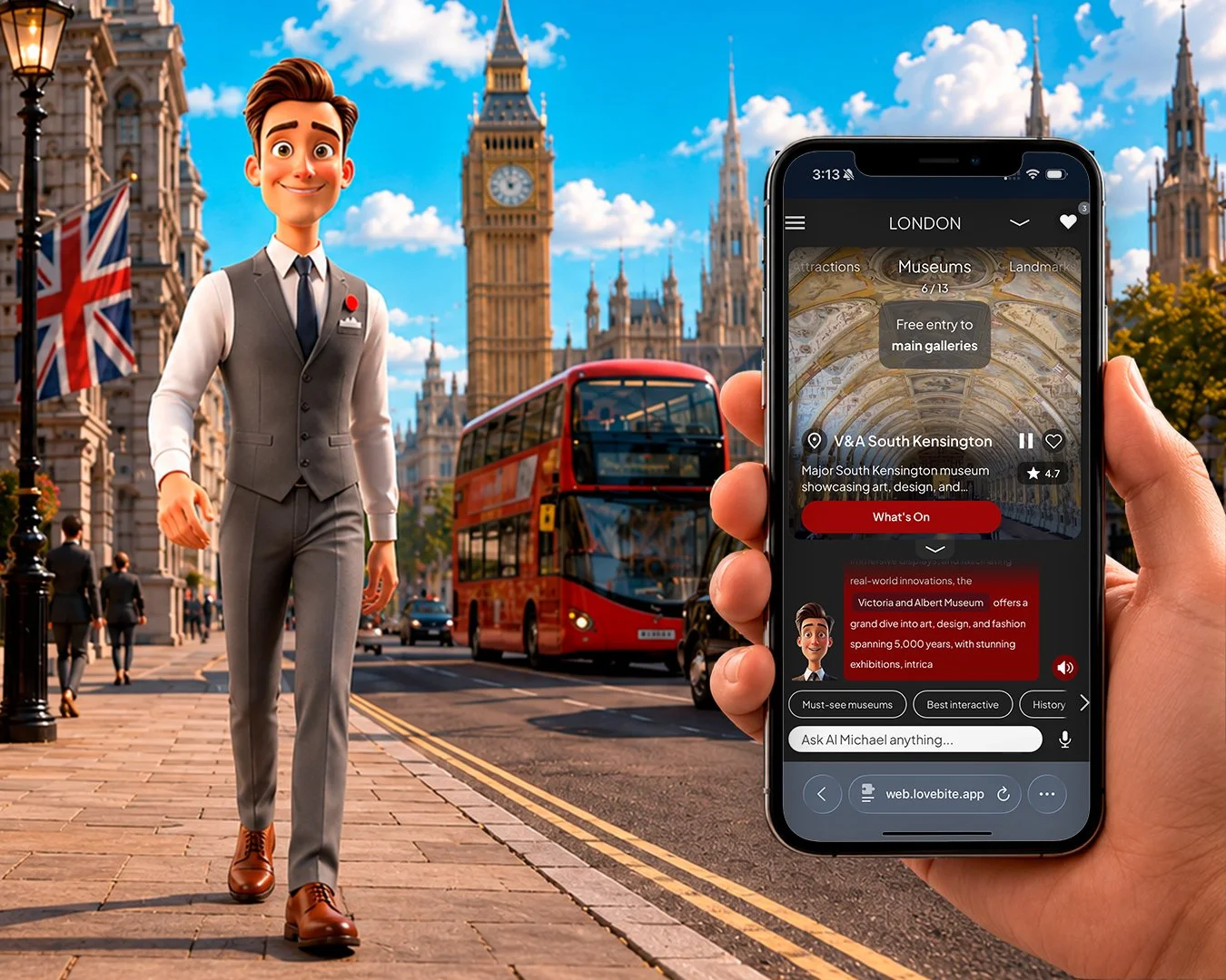 AI Michael standing in London beside a smartphone showing the London V-Guide experience.