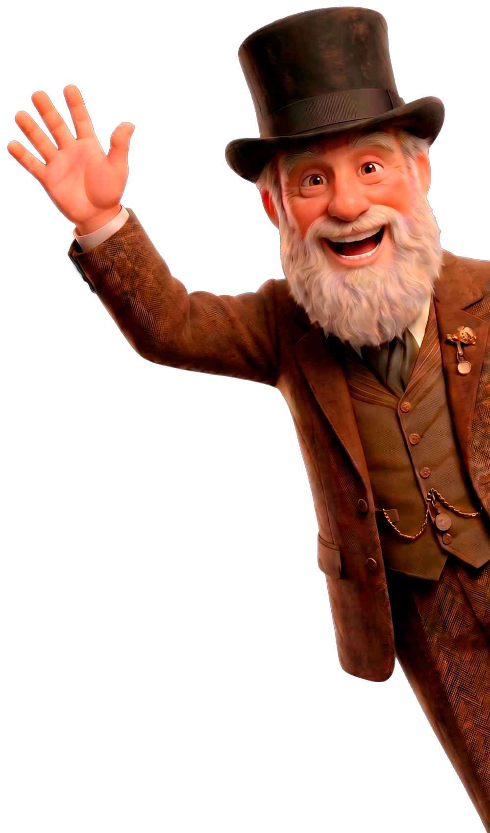 AI Darwin waving as a friendly animated museum guide character.