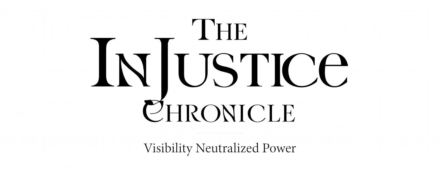 Title screen with the text "The Justice Chronicle" and the subtitle "Visibility Neutralized Power" in black on a white background.