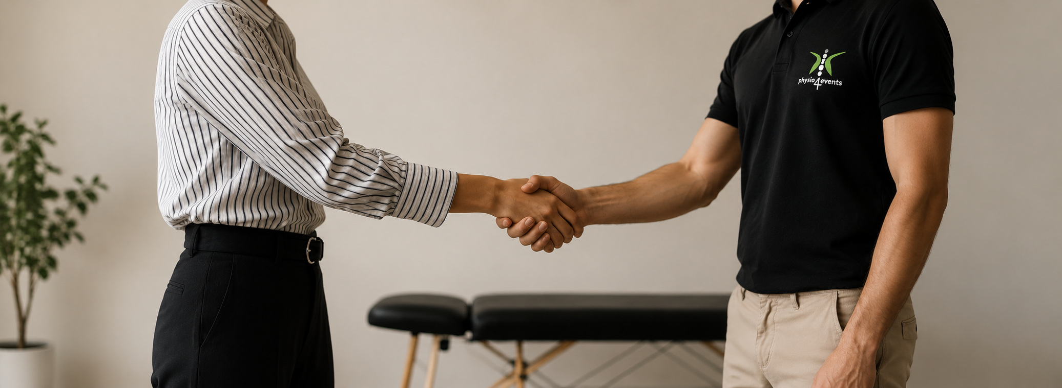 Uścisk dłoni pracownika firmy i fizjoterapeuty Physio4Events w ramach programu wellness i fizjoterapii dla firm.