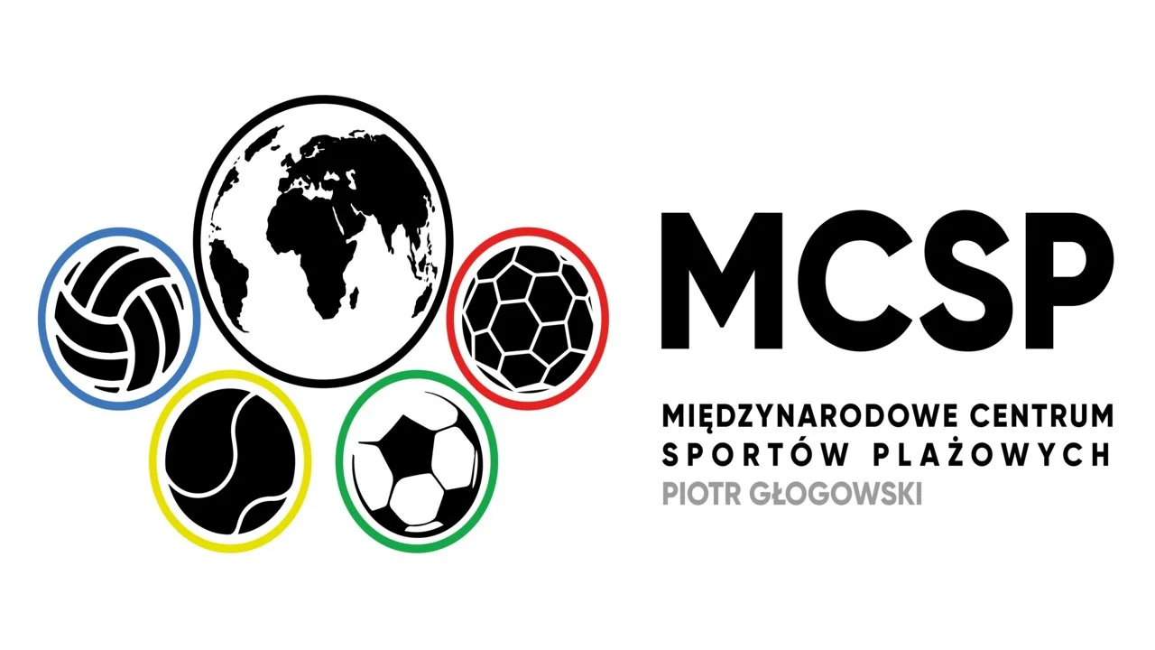 Logo featuring five sport icons within colored circles, a globe, and the text 'MCSP' with Polish words 'Międzynarodowe Centrum Sportów Plażowych Piotr Głogowski'.