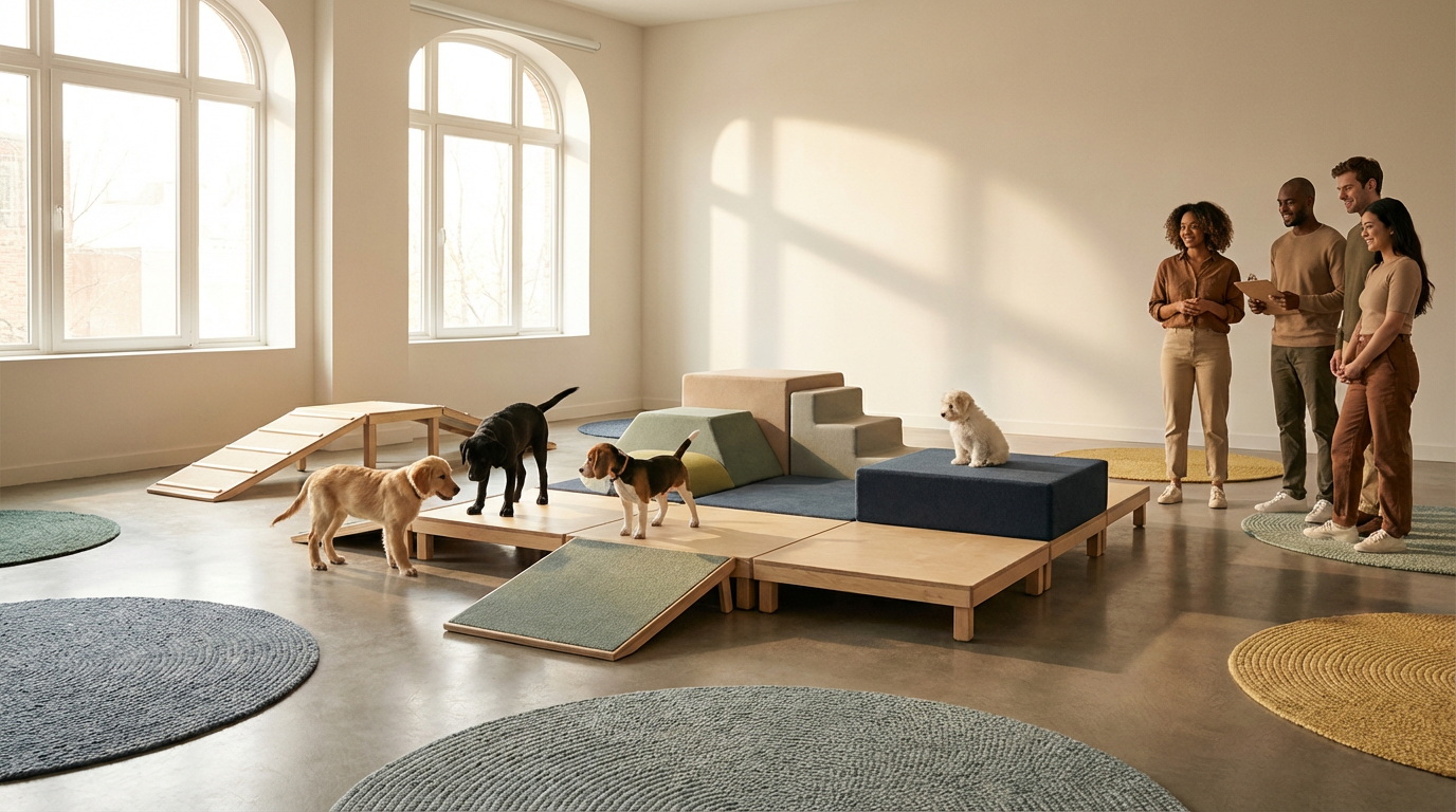 Group of four people standing in a dog training or play area with puppies. Dogs are on a raised platform with ramps and steps. Large windows in the background provide natural light.