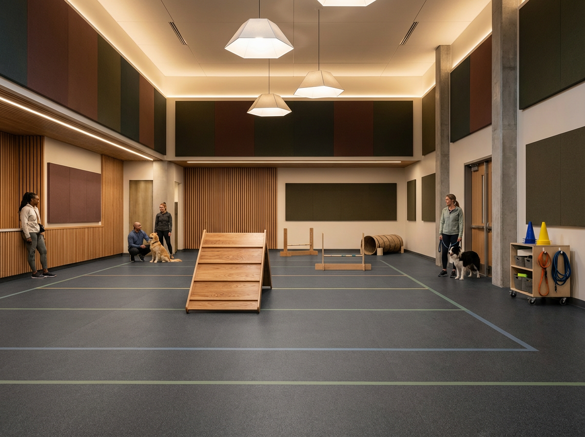 Indoor dog training or therapy room with agility equipment, including a ramp, tunnel, and hurdles, and people with dogs.