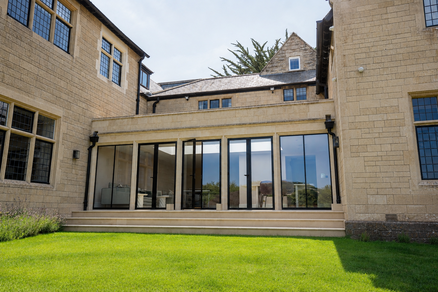 Rear view of a large stone house with a glass enclosed sitting area and a well-maintained green lawn.