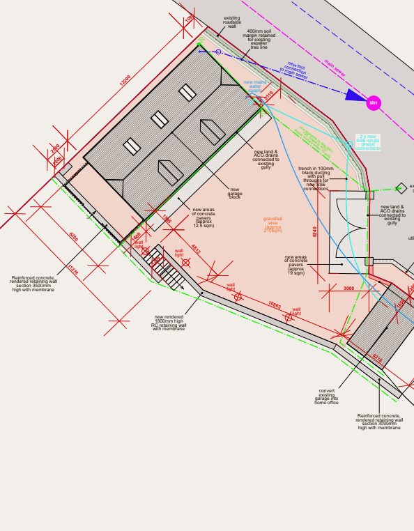 A detailed construction site plan showing building extensions, new concrete areas, and landscape features with measurements and technical notes.