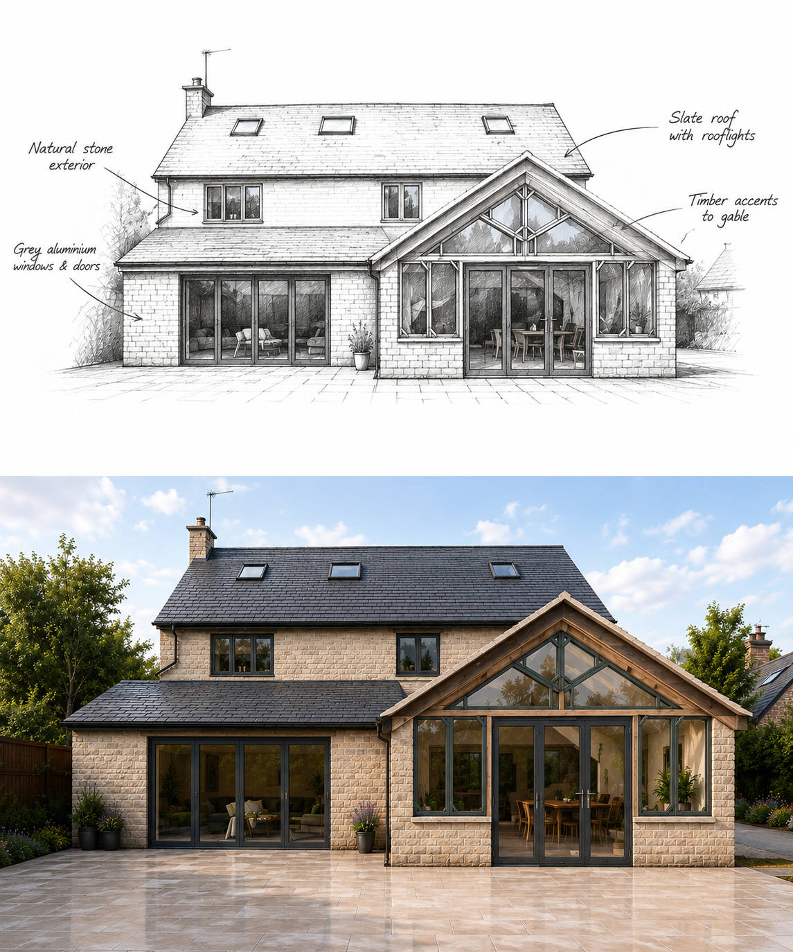 Comparison of architectural drawings and a photograph of a house with a brick exterior, large sliding glass doors, and a patio with potted plants and outdoor furniture.