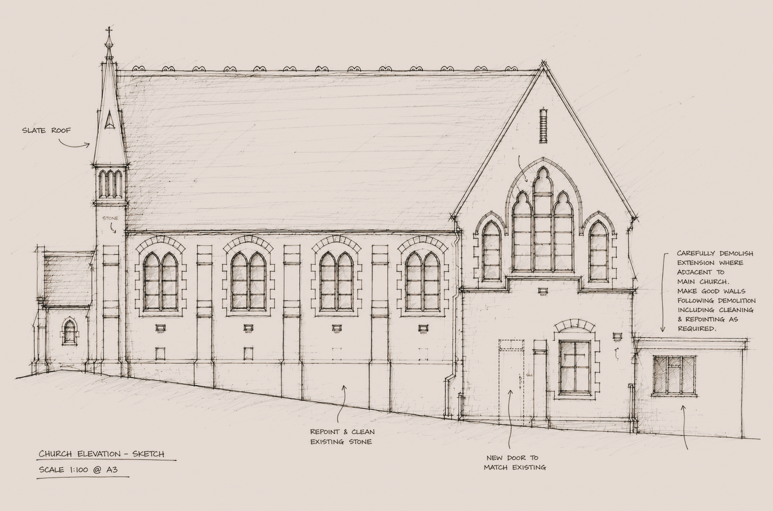 Architectural sketch of a church elevation showing windows, roof, and notes on demolition, re-pointing, and new doors.