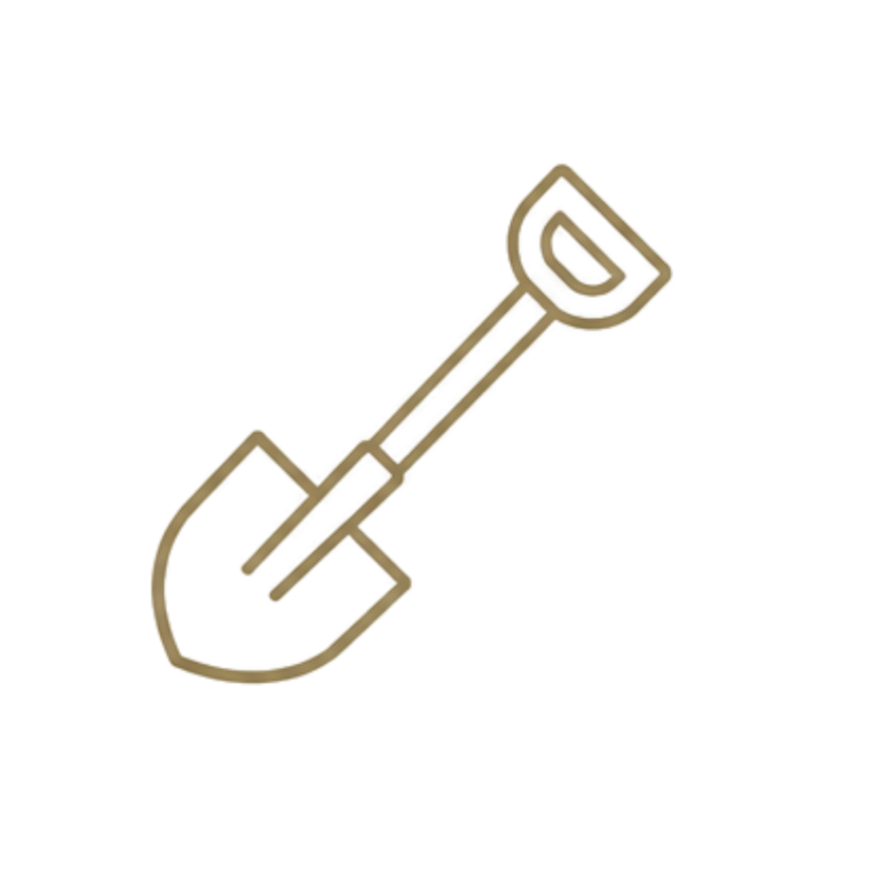 Outline drawing of a shovel with a brown handle and a black blade on a yellow background.