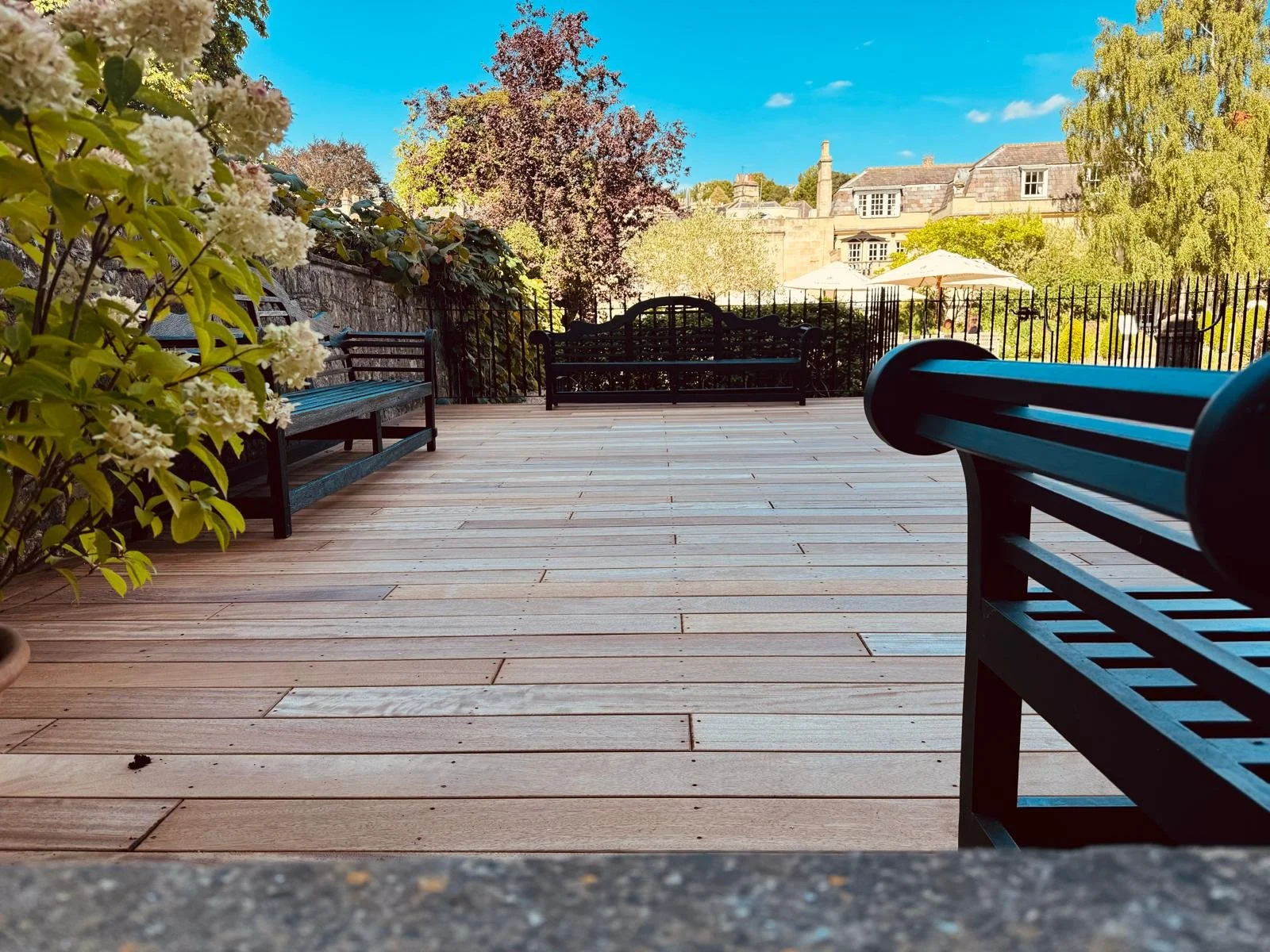 A spacious outdoor patio with wooden decking, surrounded by trees and plants, with benches and umbrellas under a blue sky.
