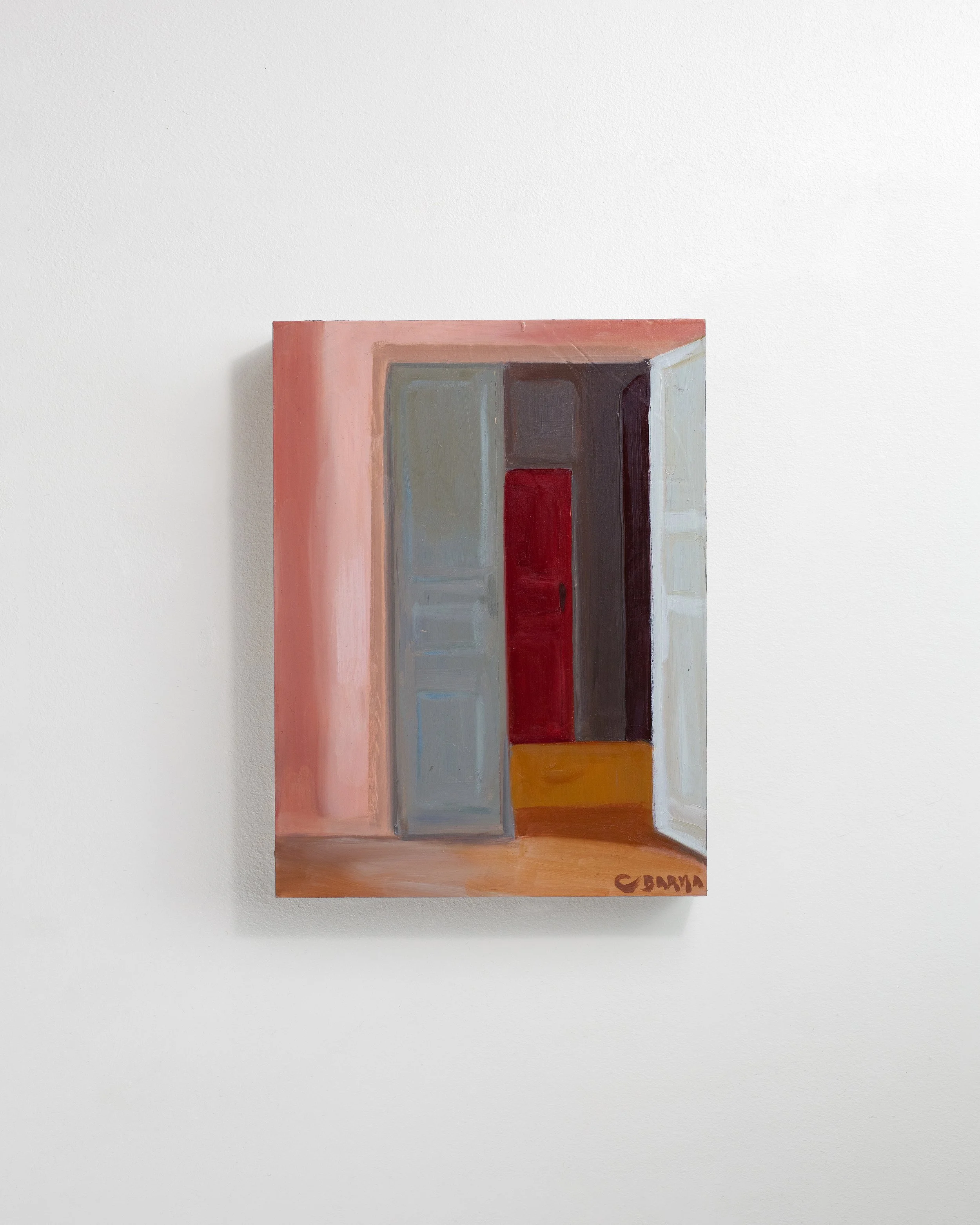 Peinture abstraite représentant une pièce ouverte avec des portes. Utilisation de couleurs terre, gris et rouge.