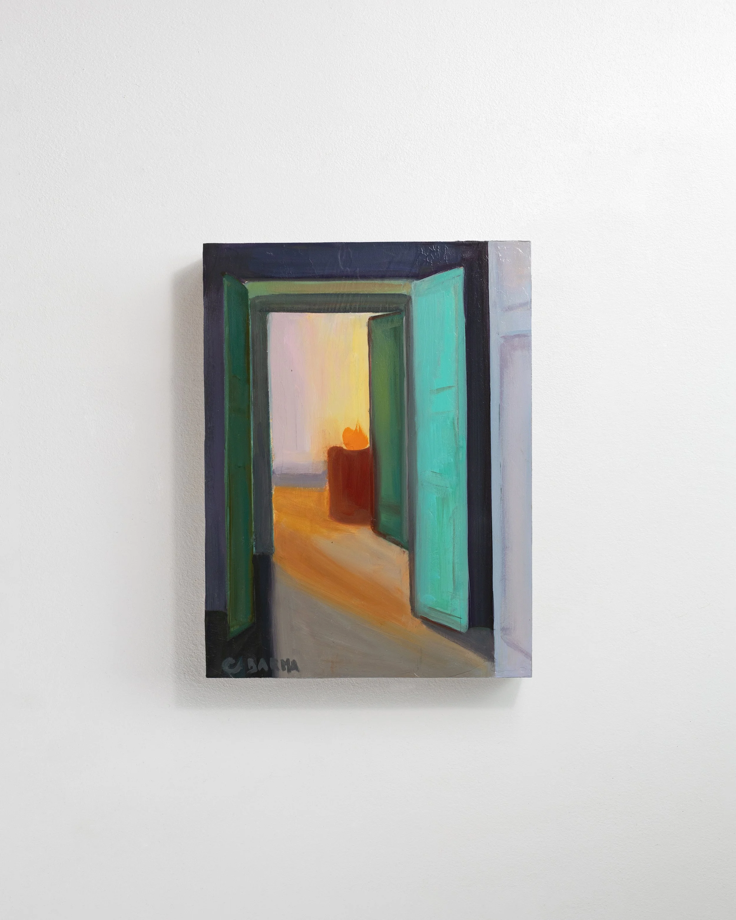 Peinture représentant une porte ouverte laissant apparaître un coucher de soleil avec des couleurs chaudes et un paysage au loin.