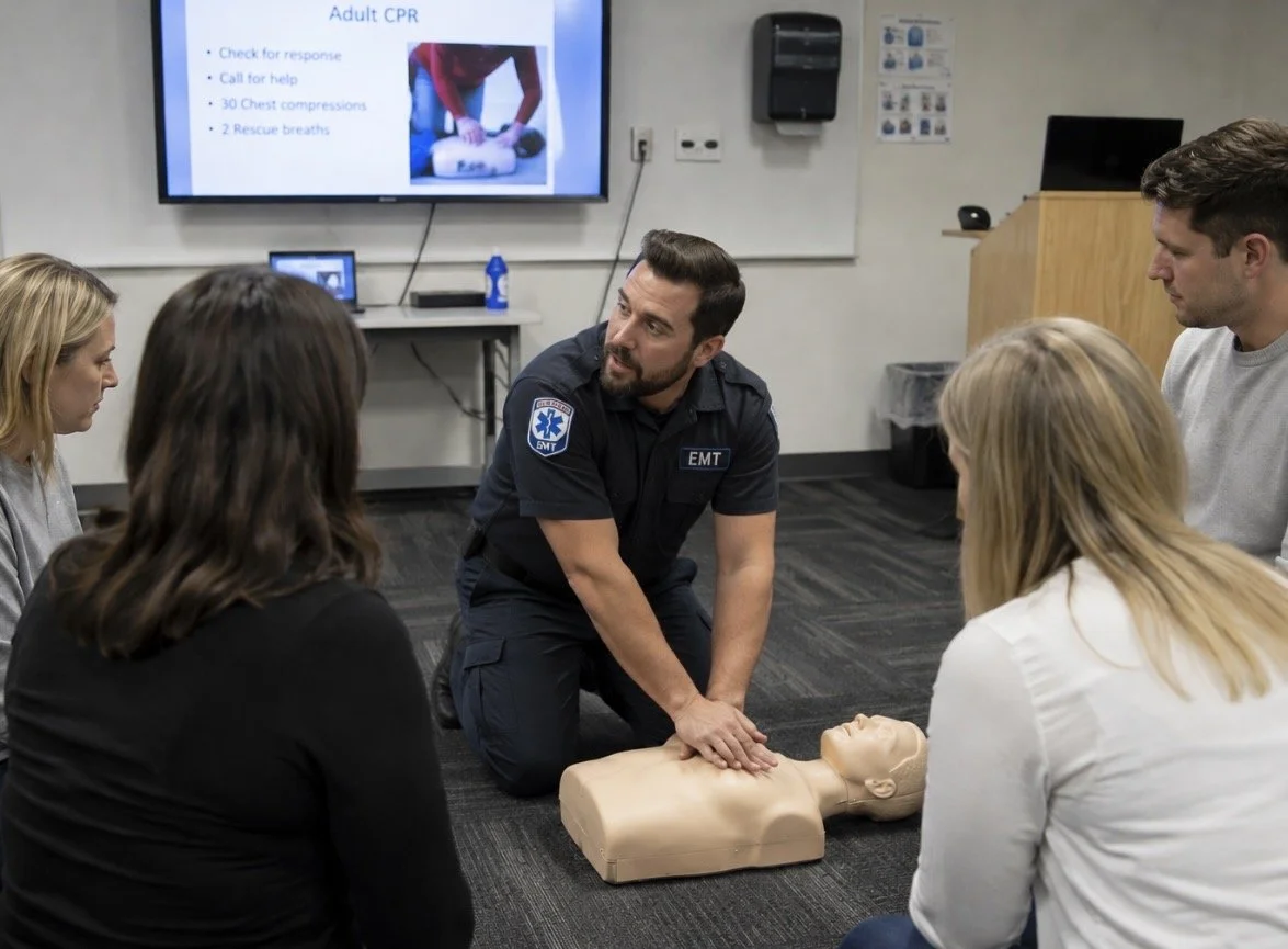 A CPR training class with an instructor demonstrating chest compressions on a manikin, surrounded by participants listening attentively, in a classroom setting with a large screen showing CPR instructions.