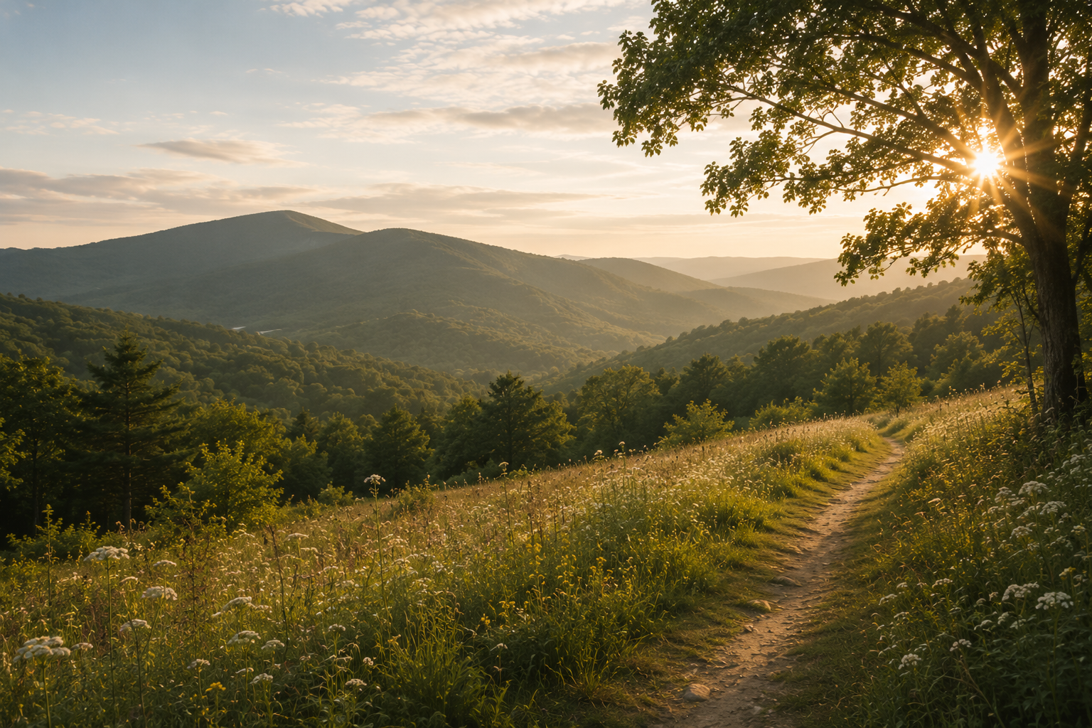 Sunset over mountain landscape with a dirt trail winding through a field of wildflowers, trees, and rolling hills.