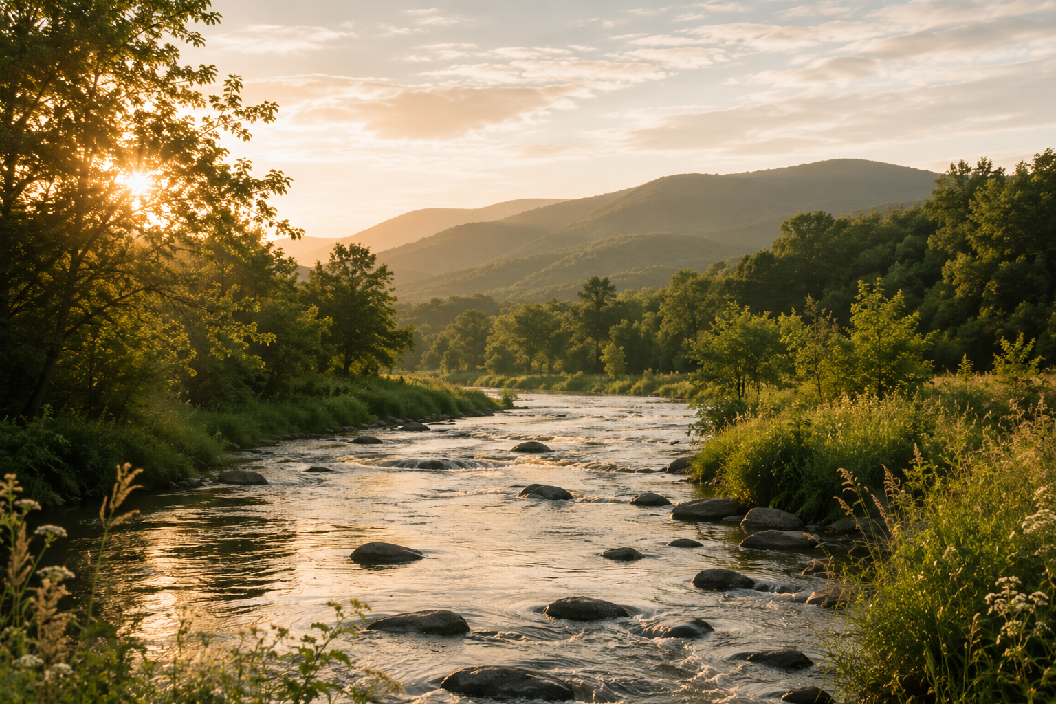 Sunset over a river flowing through a green valley with trees and mountains in the background.
