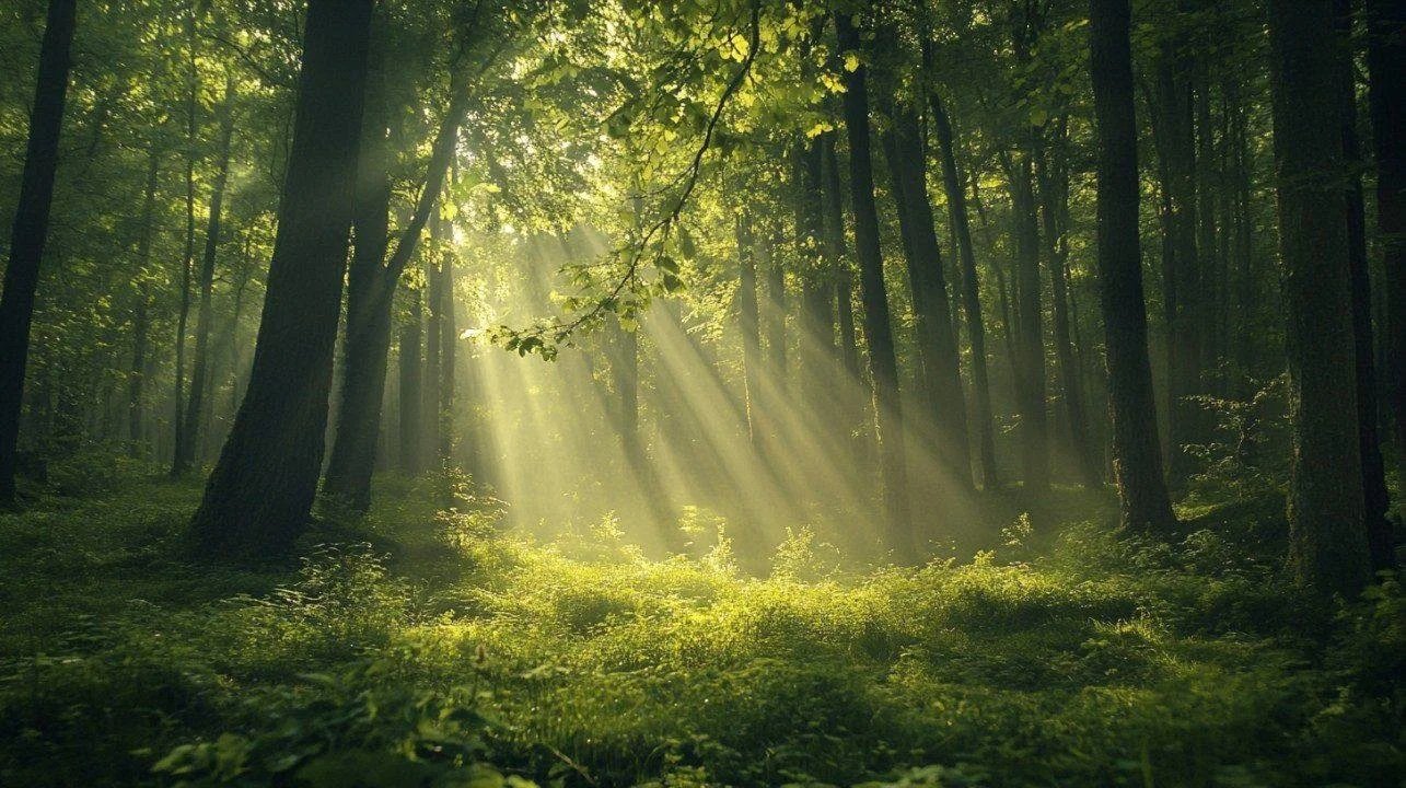Sunlight filtering through green trees in a forest.