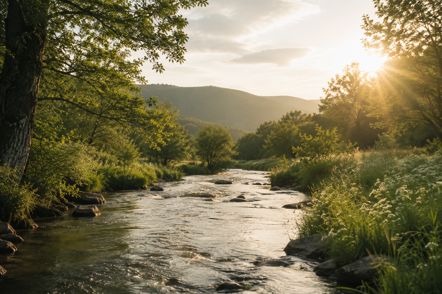 A peaceful river flows through a lush green forest with mountains in the background, illuminated by the warm glow of the setting or rising sun.
