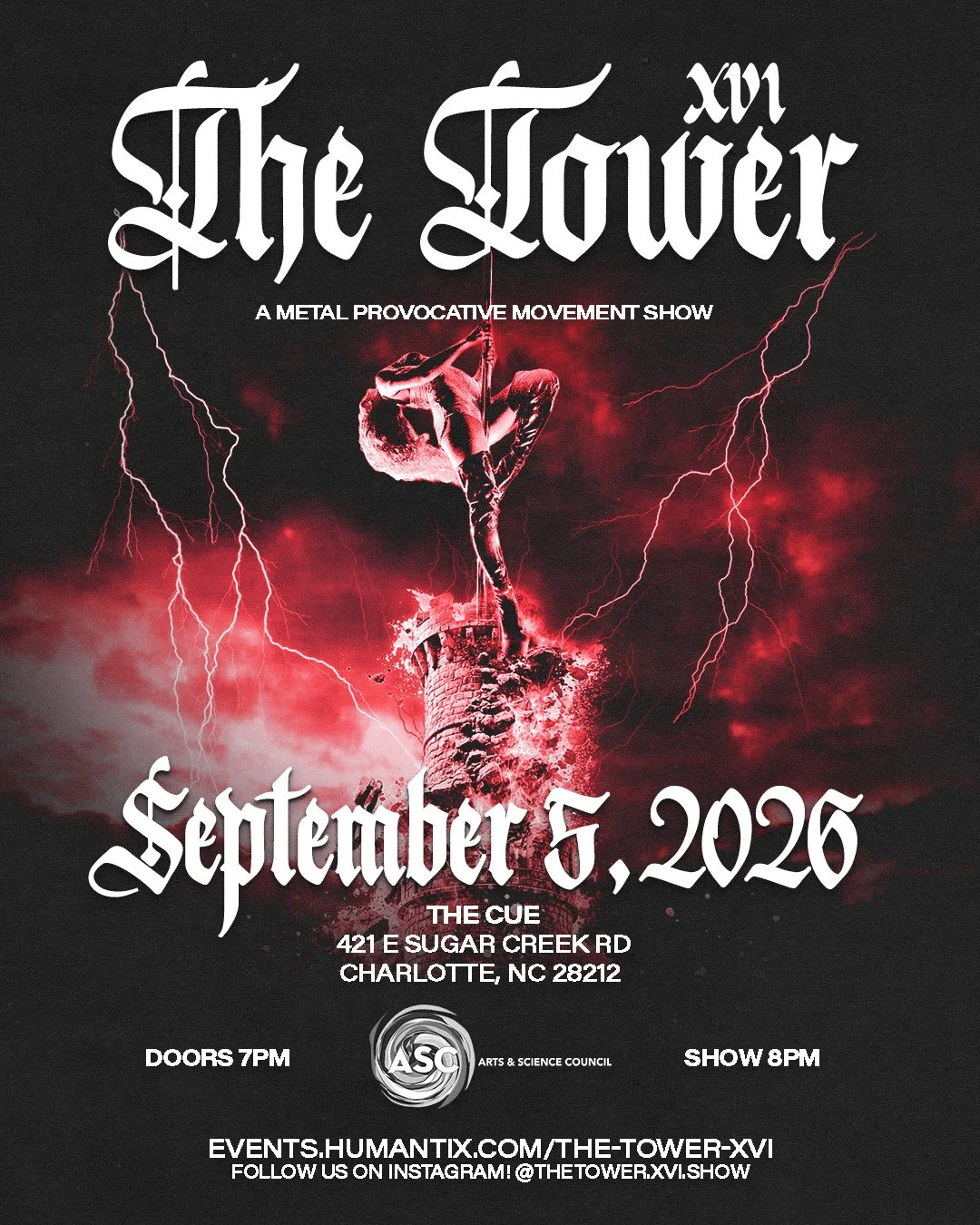 Event poster for The Tower XVI metal show on September 5, 2026, at The Cue, Charlotte, NC.