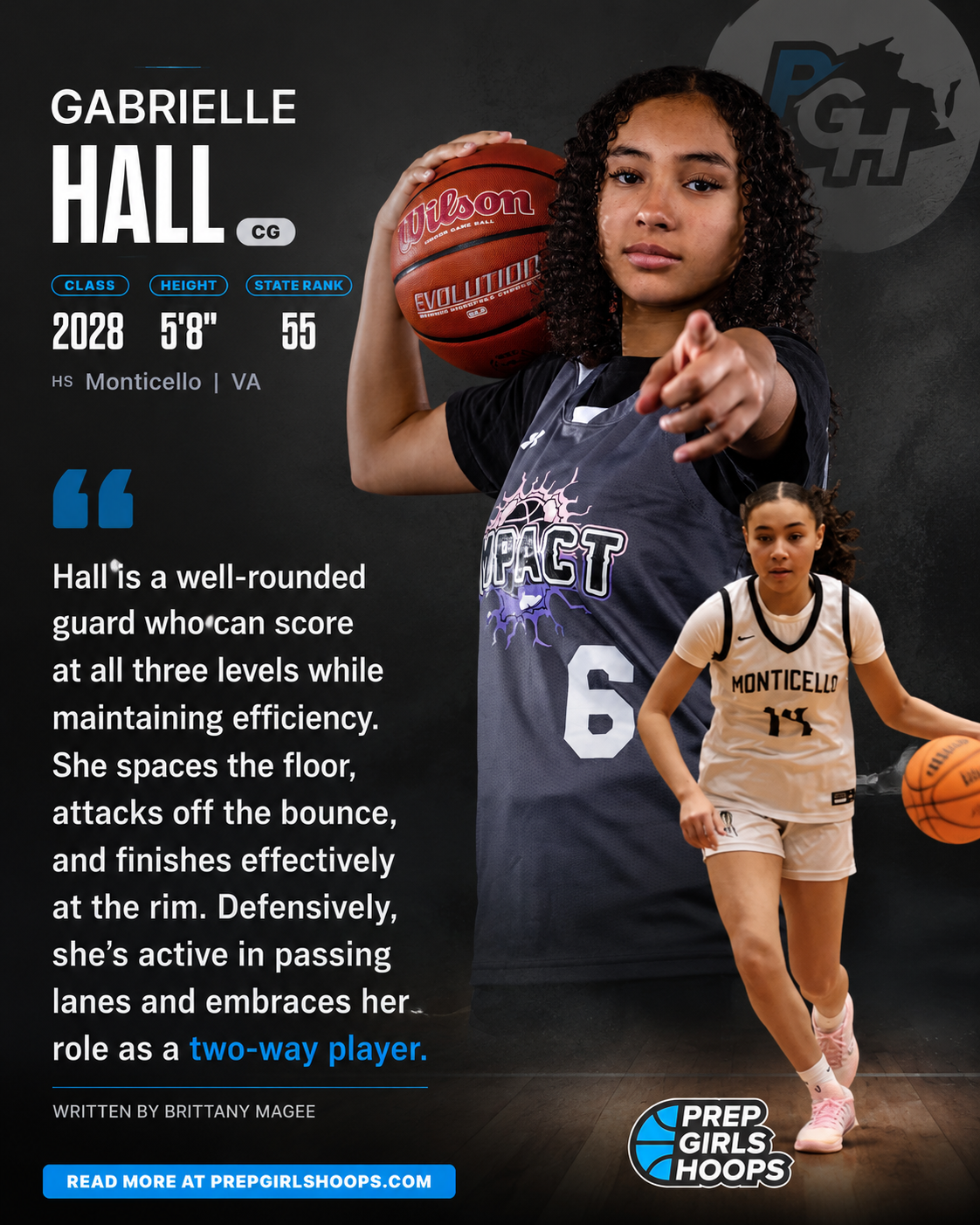 A promotional poster for Gabrielle Hall, showcasing her basketball skills and stats. The poster features an action shot of a girl in a black basketball jersey holding a basketball, with another girl in a white Monticello jersey dribbling. The background includes team logos and text describing Hall's abilities as a well-rounded guard and two-way player.