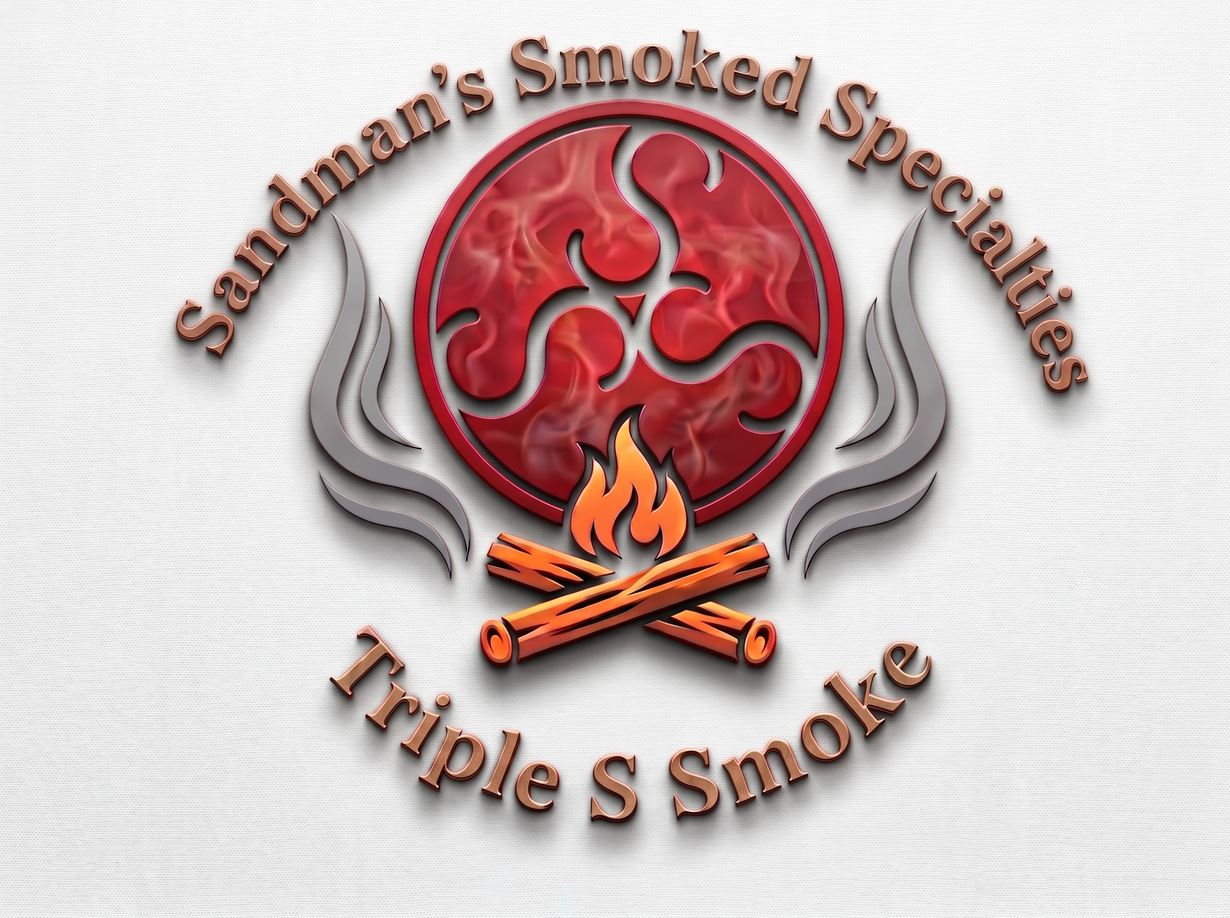 A logo with three S, with stylized flame and wood elements below. The logo reads 'Sandman's Smoked Specialties' and 'Triple S Smoke'.