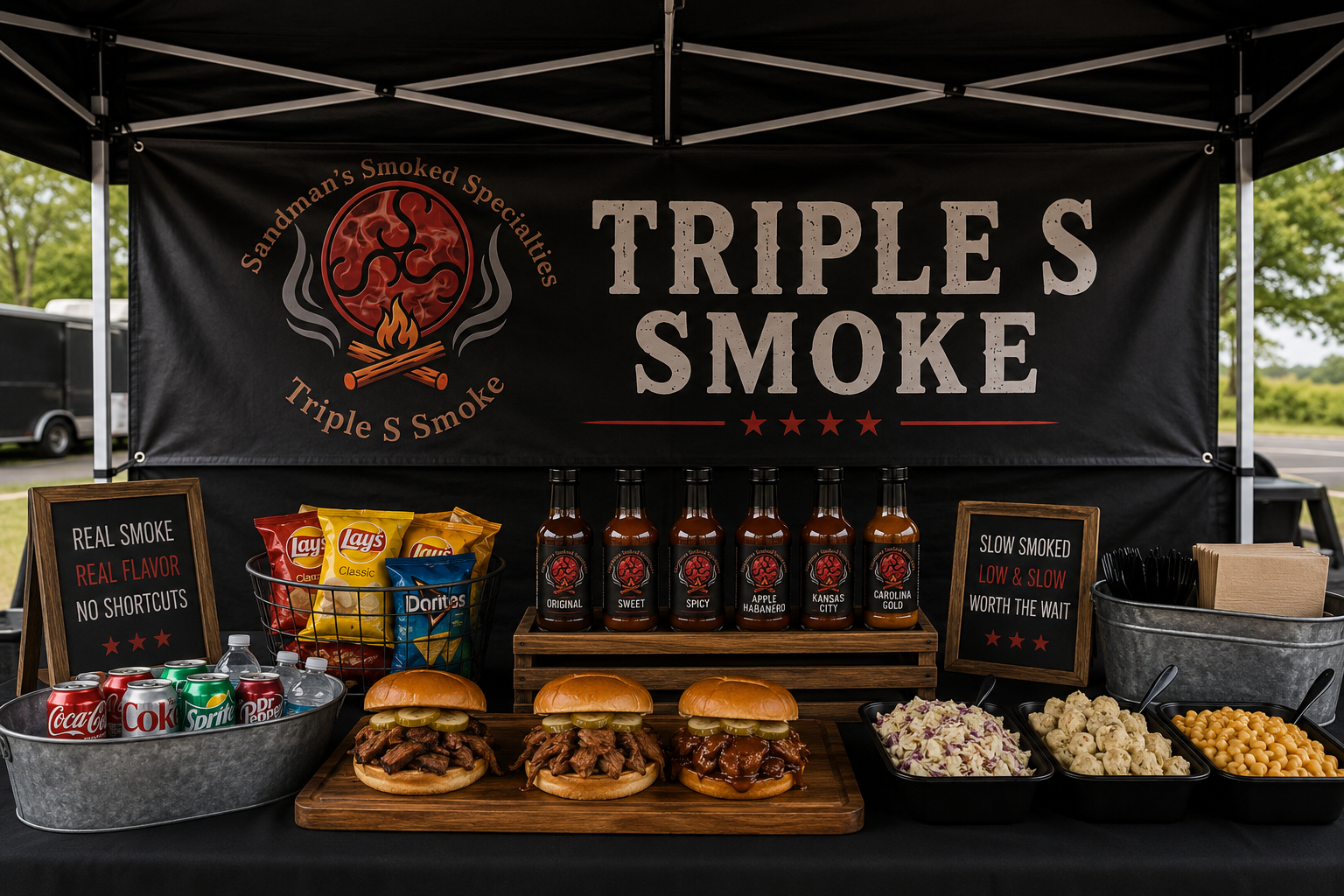 Food stand with three pulled pork sandwiches, bottles of barbecue sauce, potato chips, soft drinks, coleslaw, dip, and baked beans at a barbecue event.