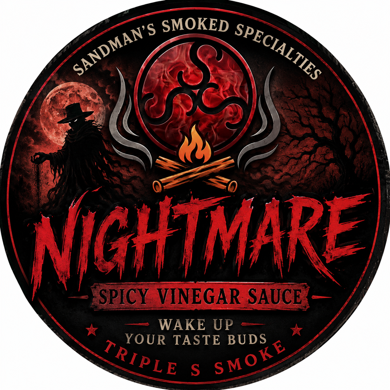 A circular logo for Nightmare Spicy Vinegar Sauce