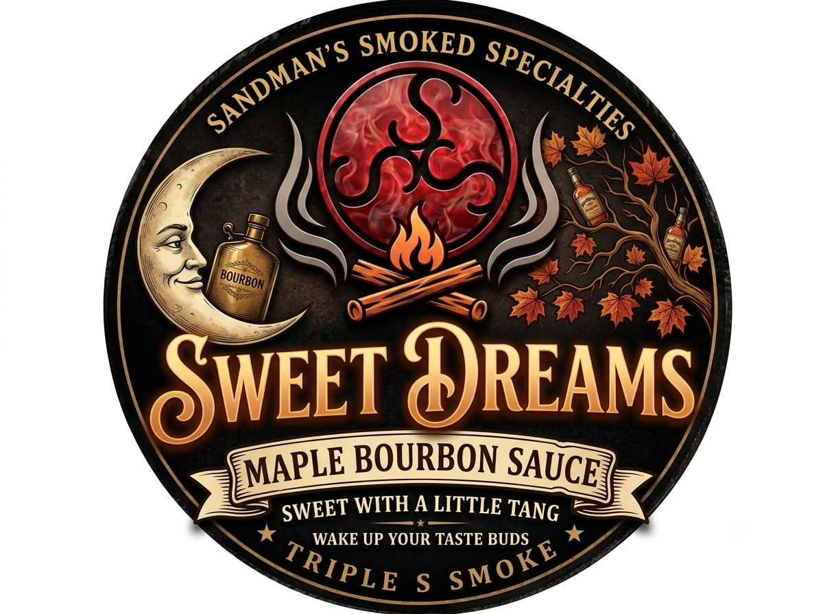 A circular label for Sweet Dreams Maple Bourbon Sauce,  sweet and tangy