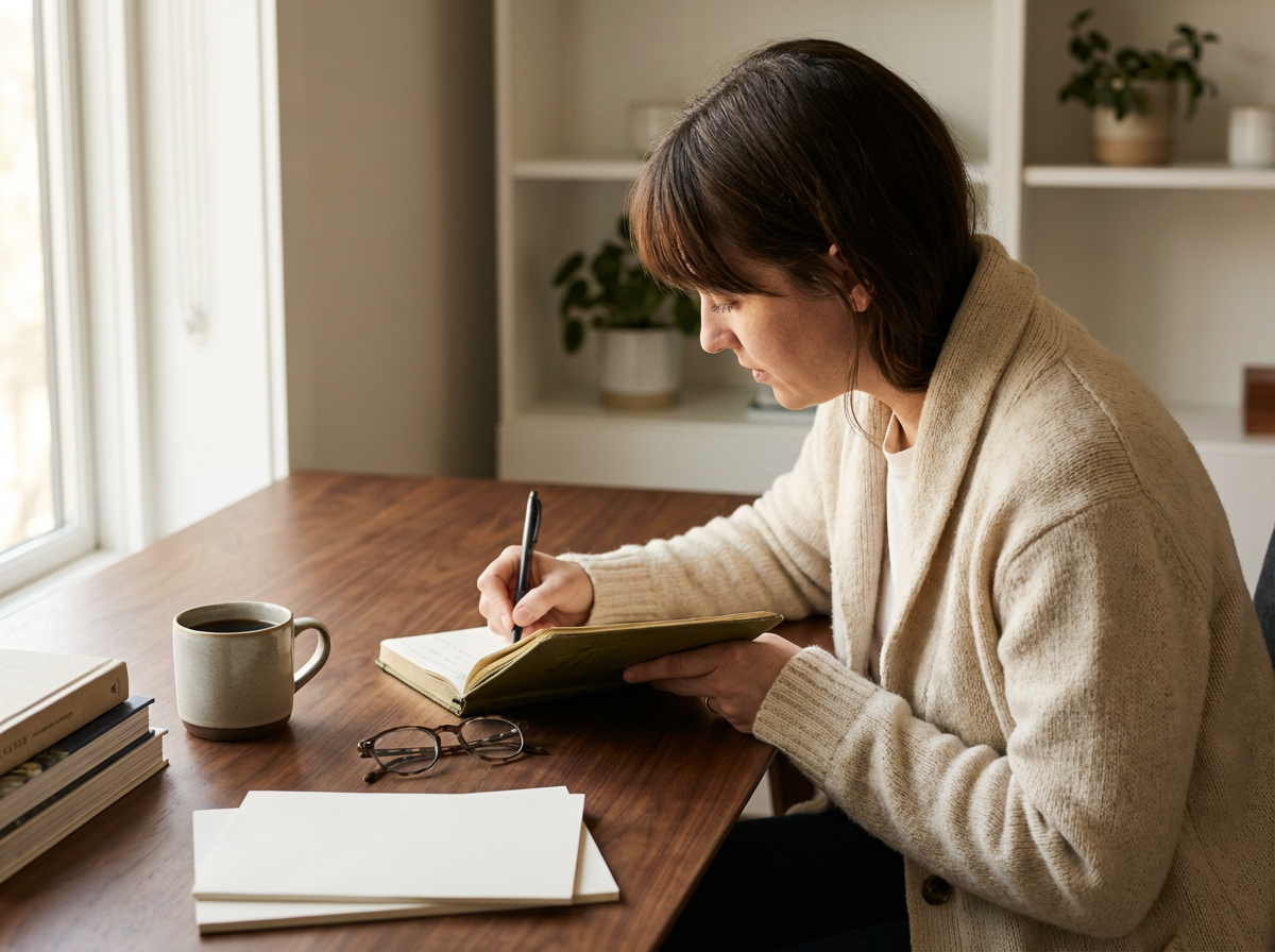Woman sitting at a wooden table, writing in a notebook with a pen. There are glasses, a coffee mug, and several books on the table. She is near a window with daylight, in a room with shelves and potted plants.
