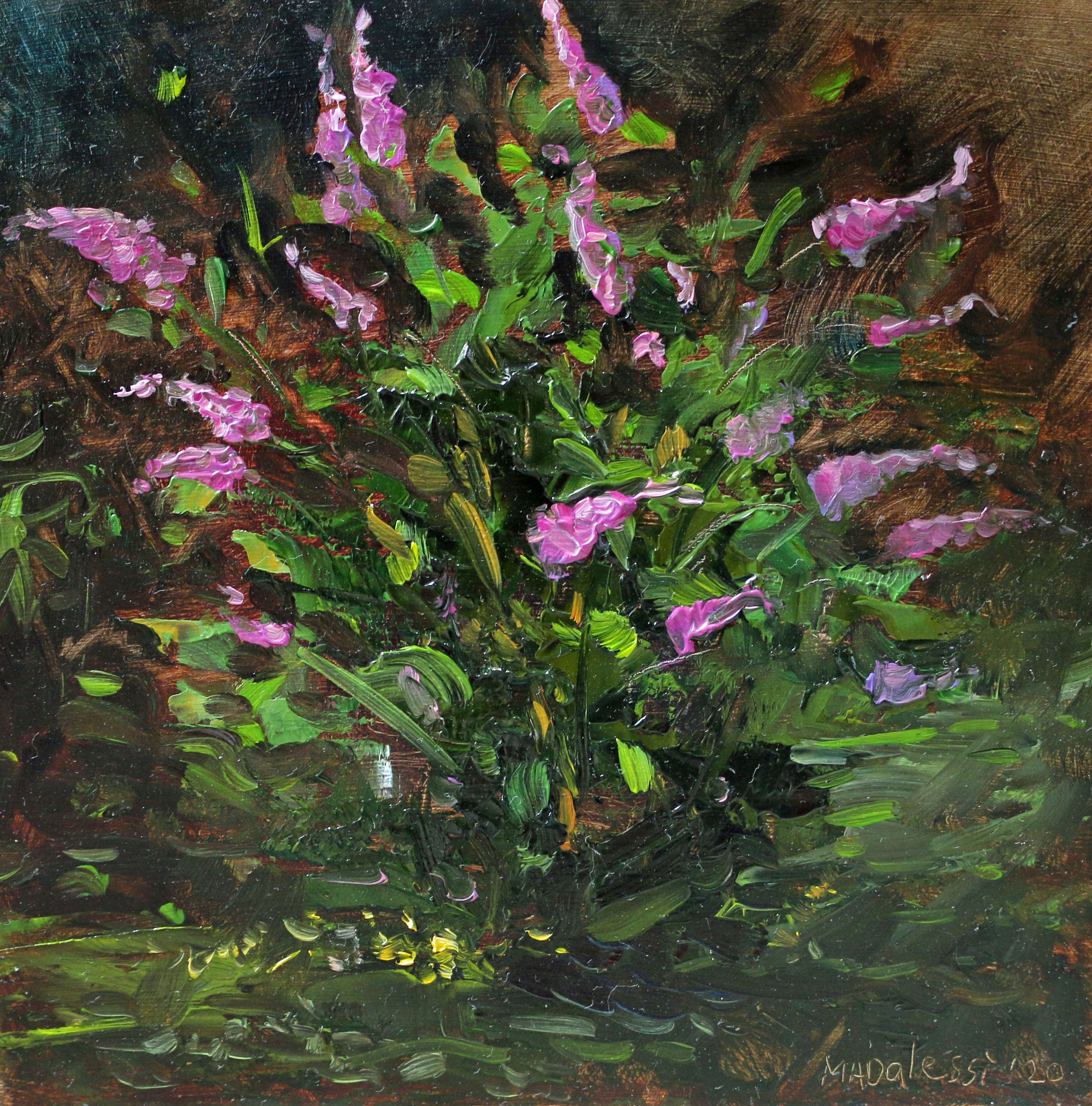 "Pink butterfly bush", 15x15 cm, oil on panel