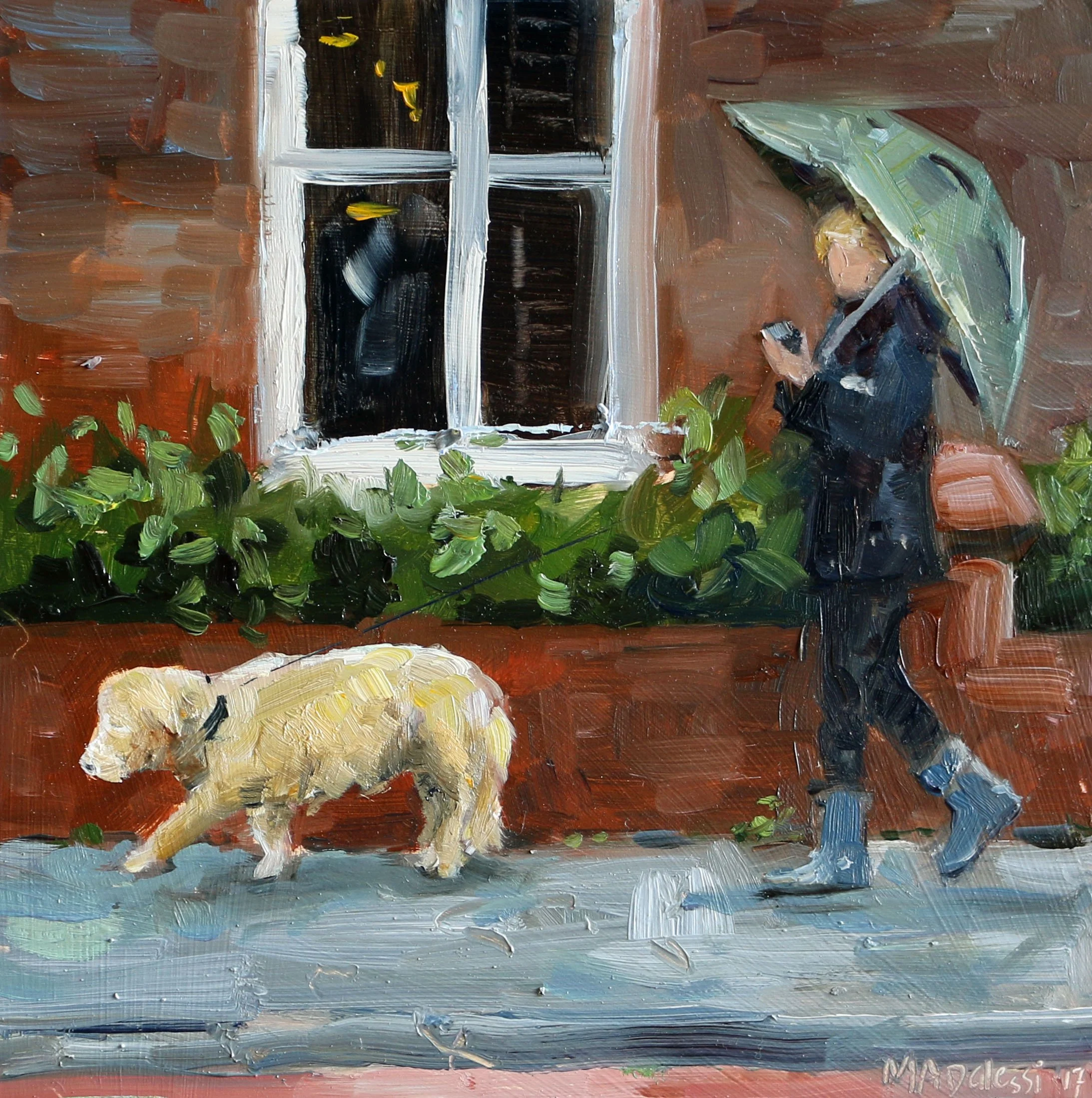 "Dog walking in the rain", 15x15 cm, oil on panel