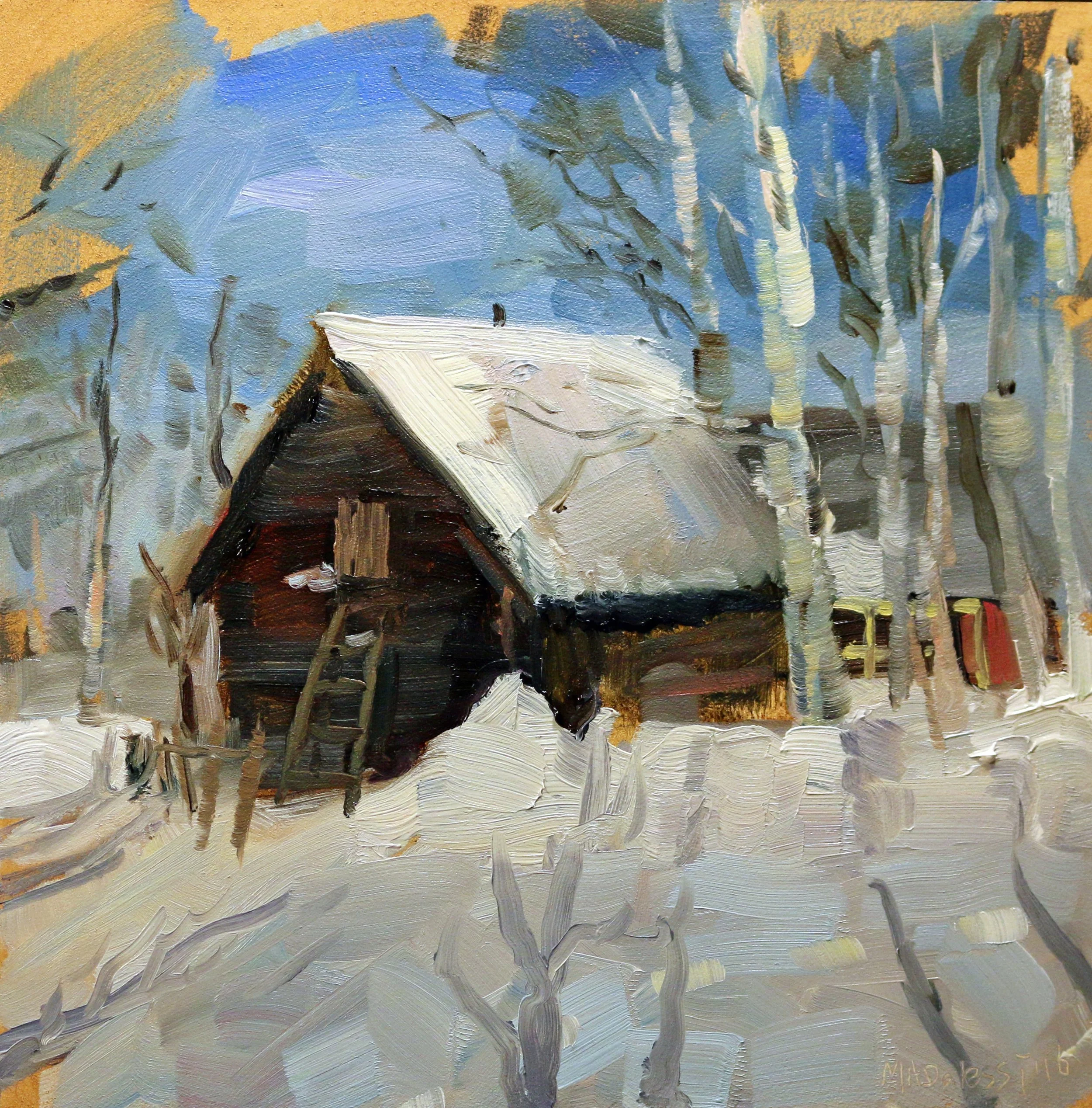 "Russian datcha in the snow", 15x15 cm, oil on panel
