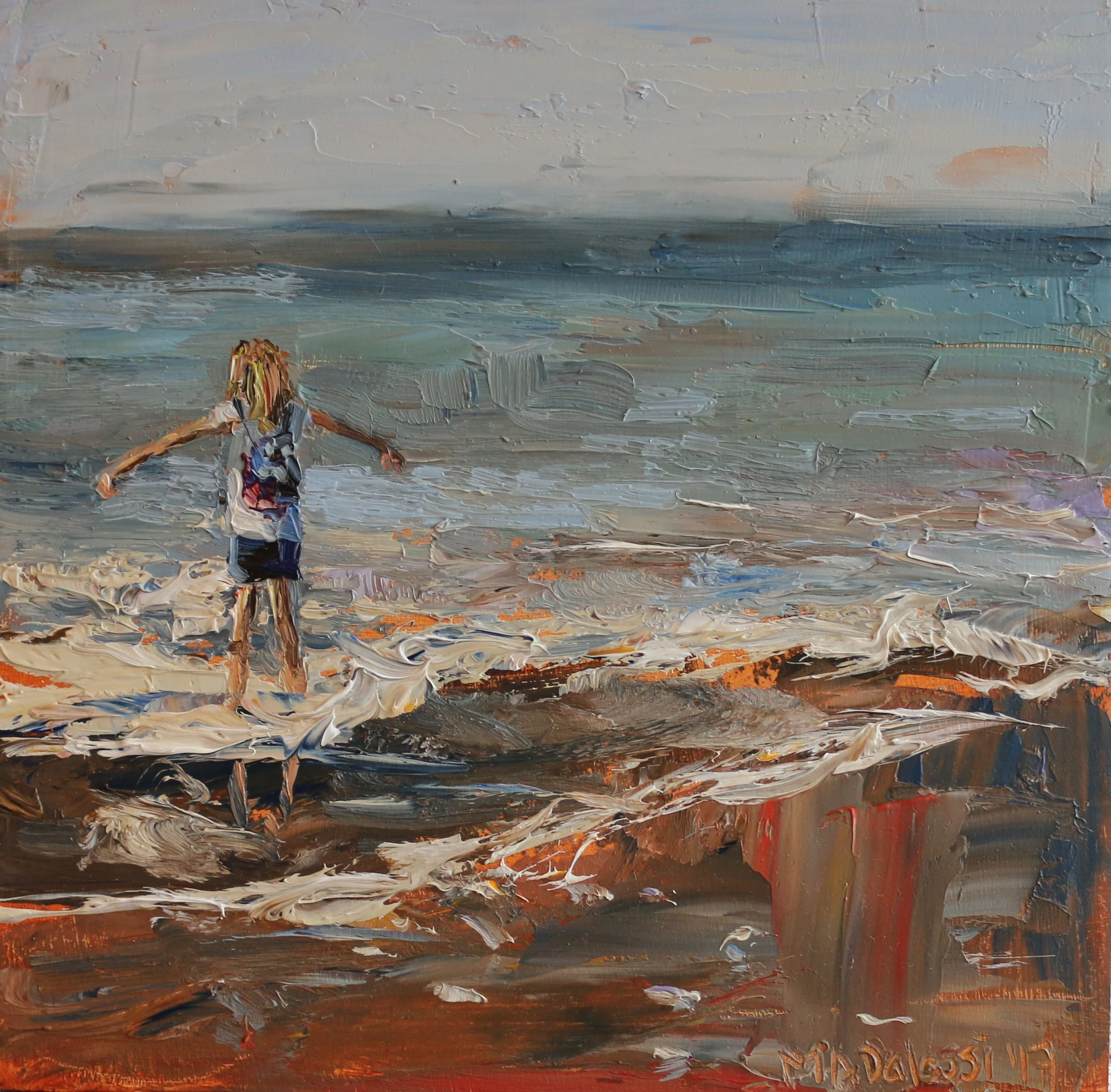 "Late summer beach day", 15x15 cm, oil on panel