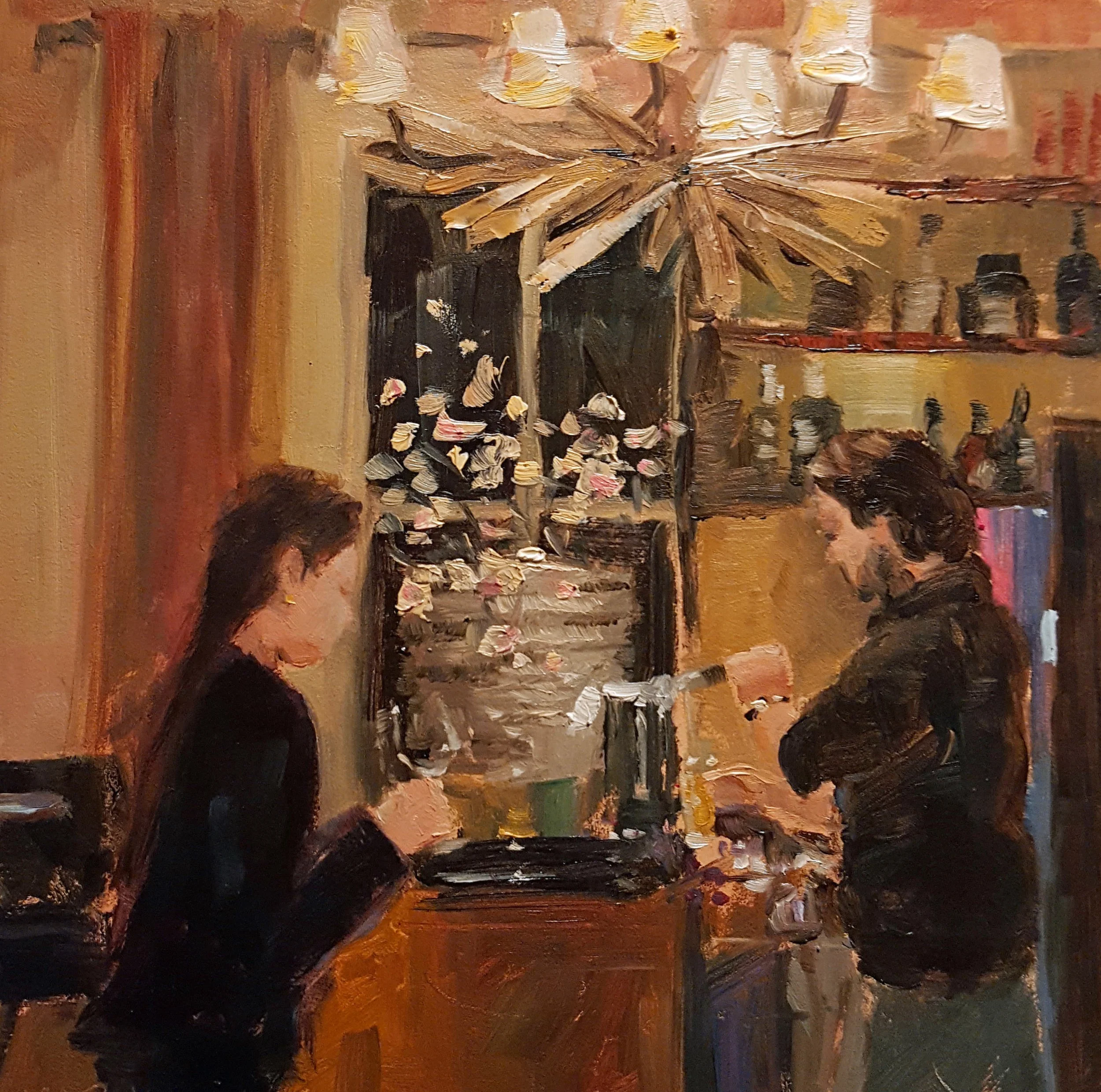 "Busy times in Brasserie Brothers", 15x15 cm, oil on panel