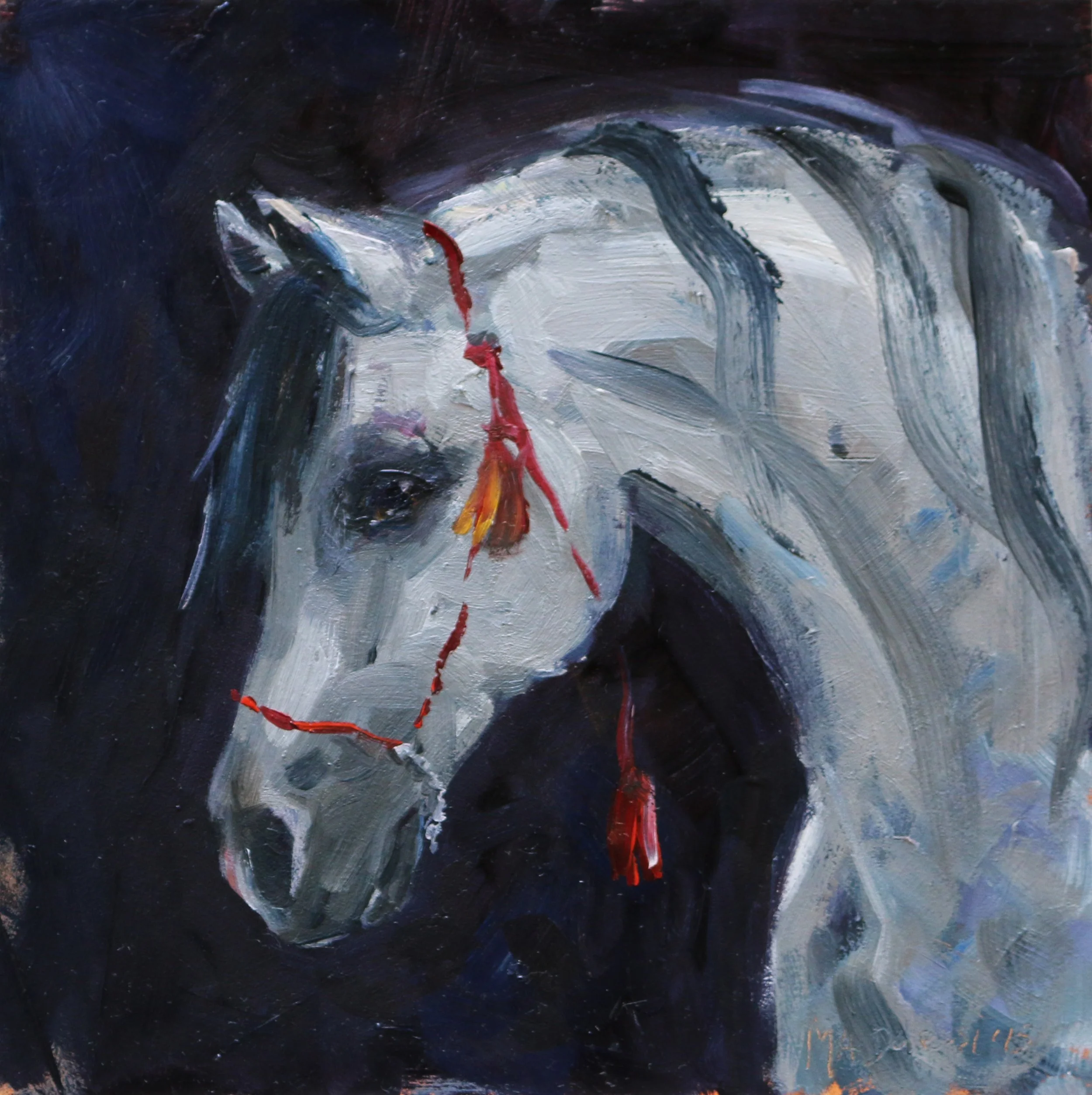 "Horse with red halter", 15x15 cm, oil on panel