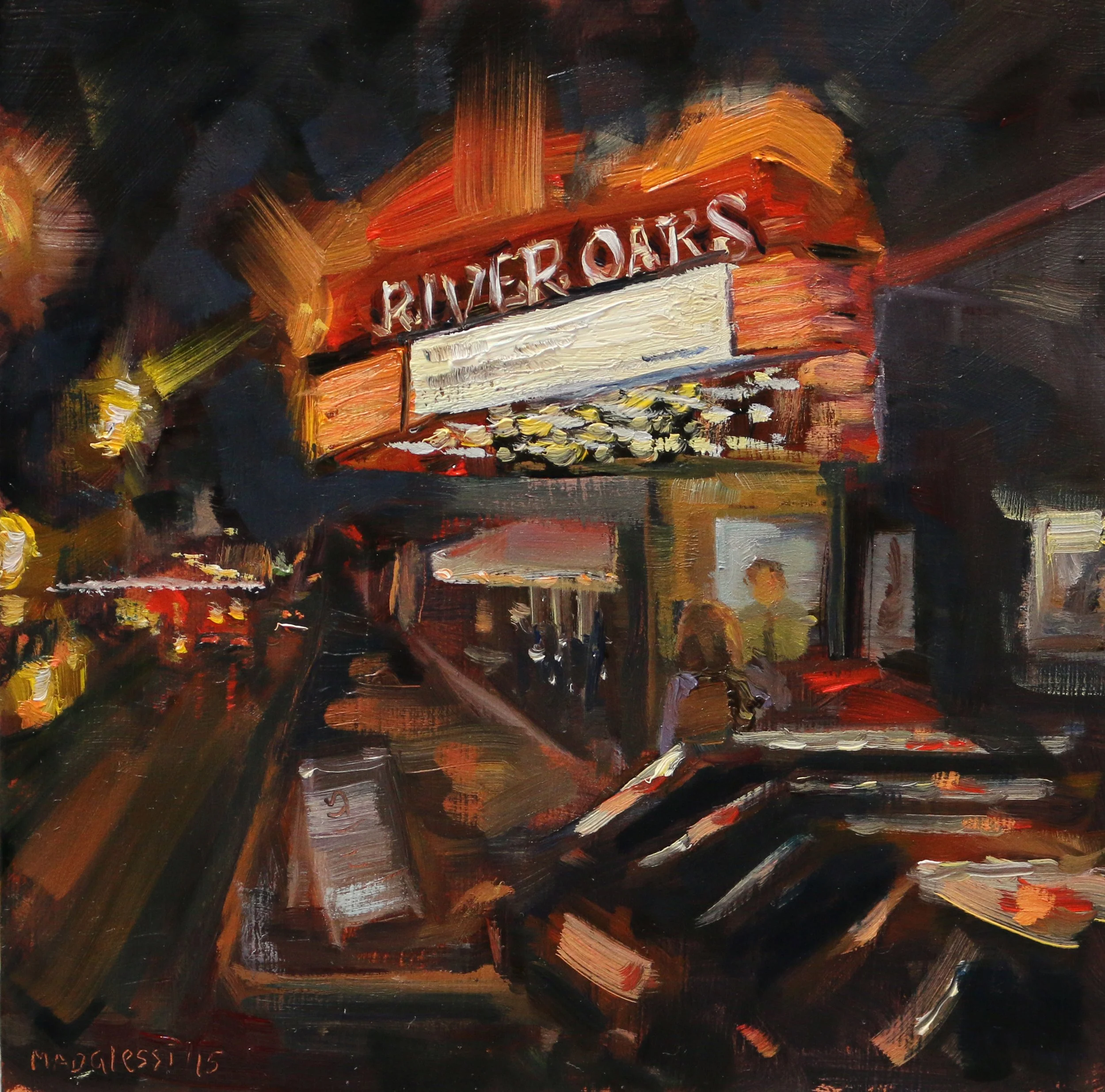 "River Oaks theatre", 15x15 cm, oil on panel