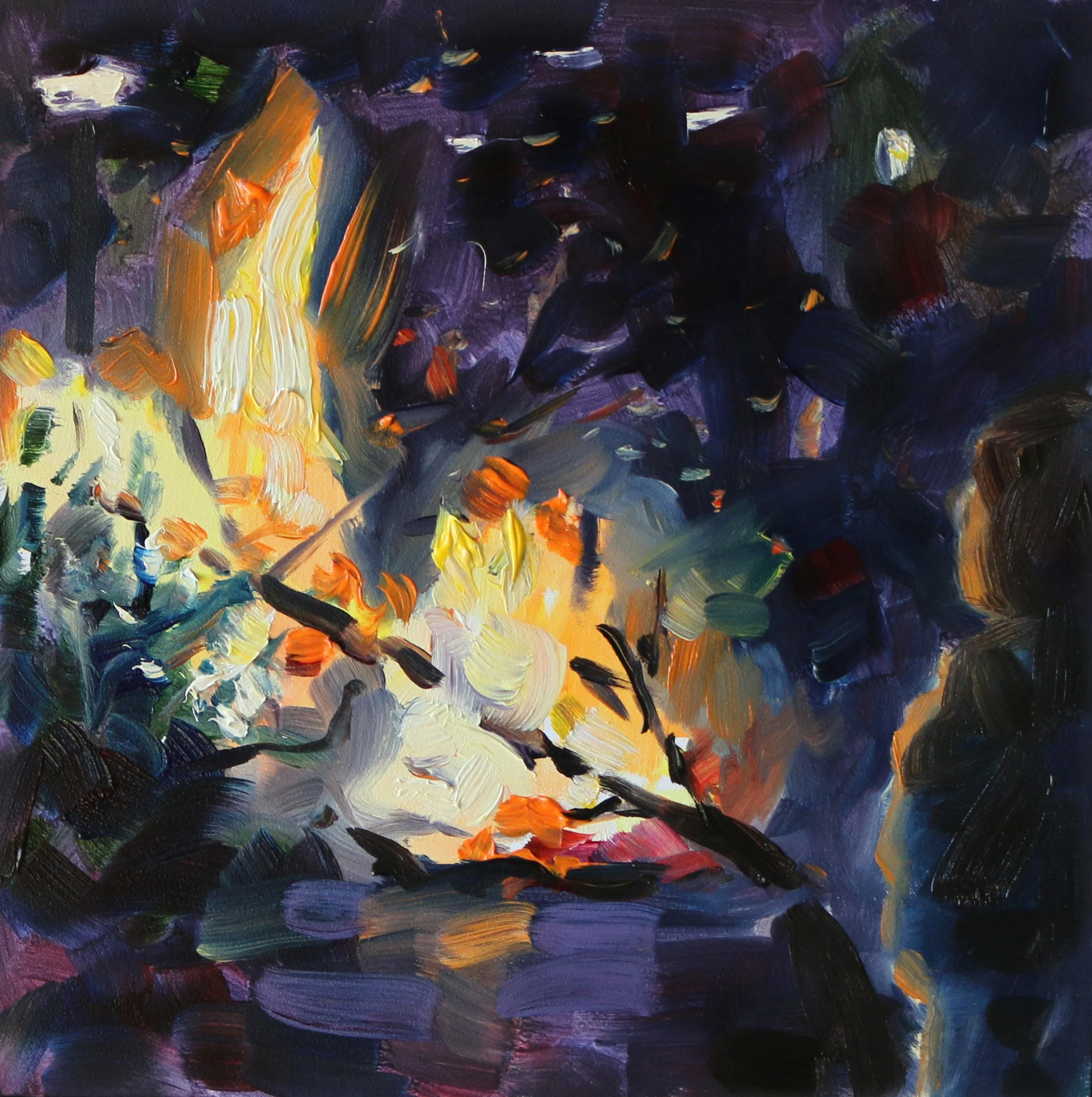 "New Years Eve tree burning", 15x15 cm, oil on panel