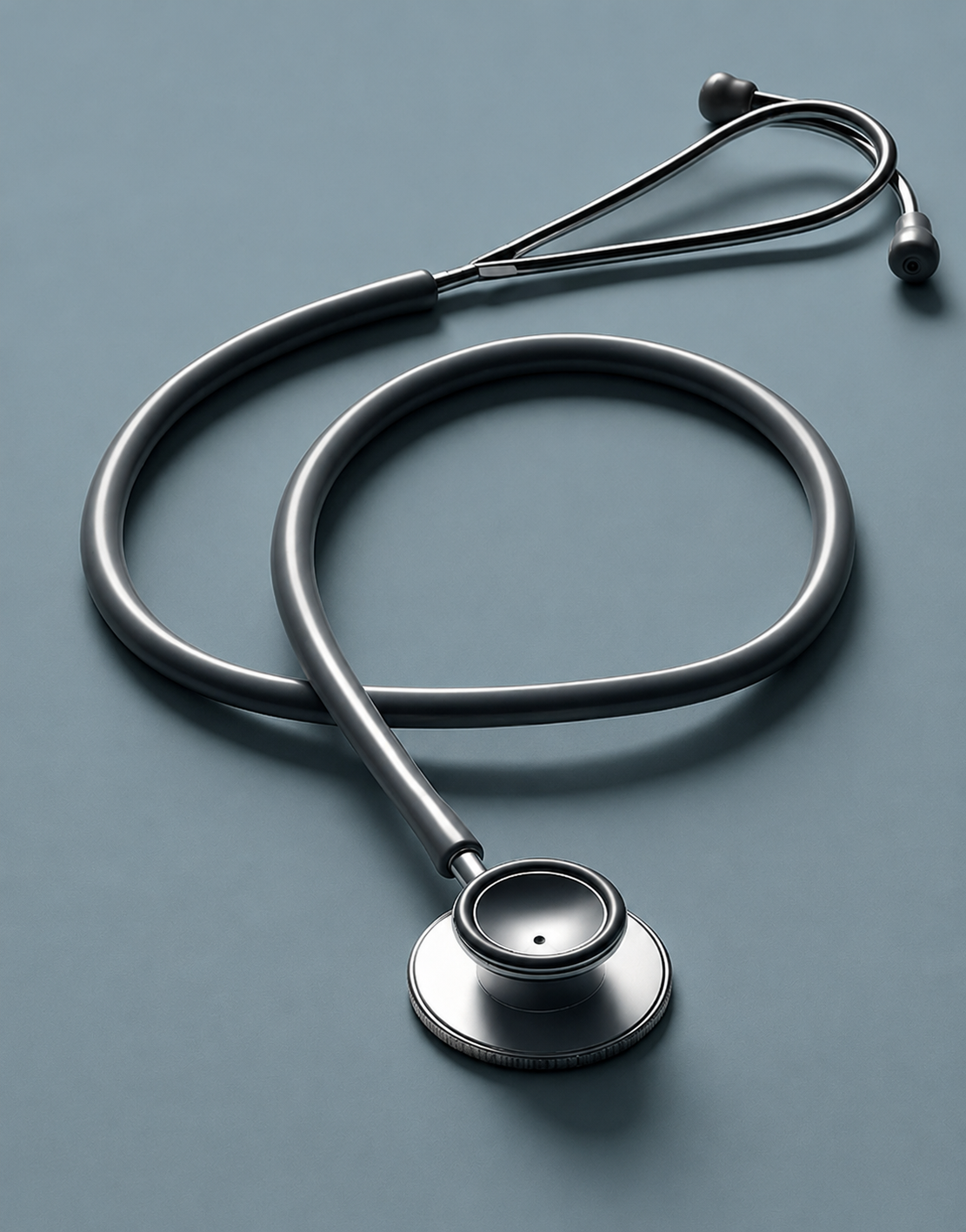 A silver stethoscope lying on a light grey surface.